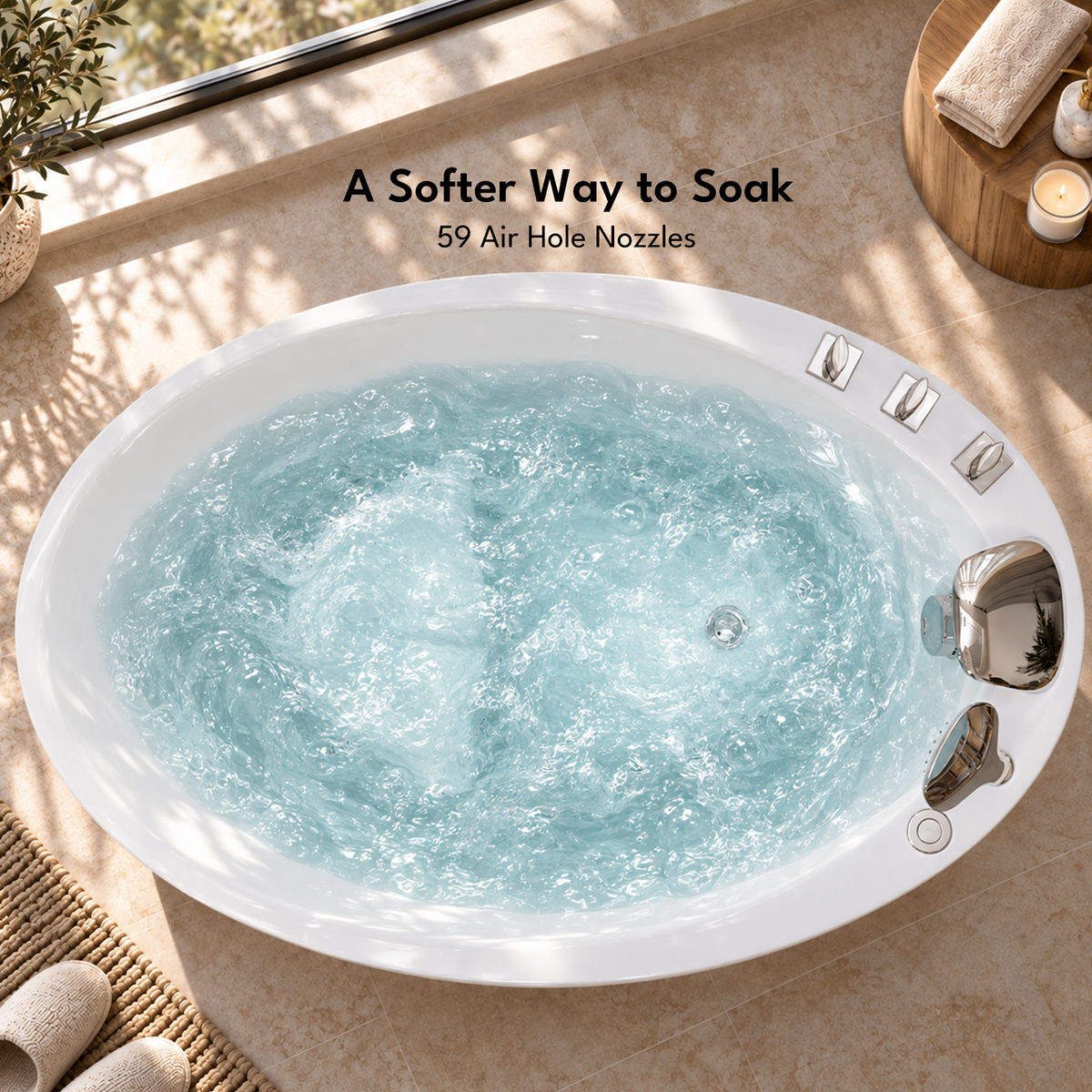 59" Freestanding Japanese-Style Air Massage Bathtub with Reversible Drain