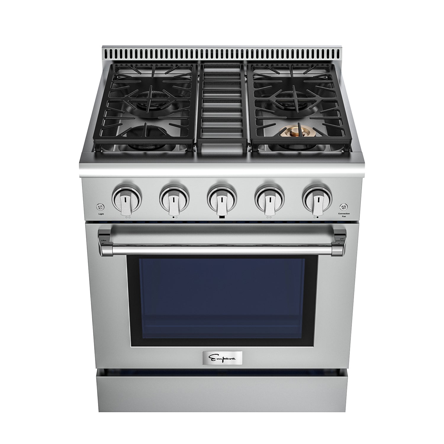 The Empava 30 Inch Freestanding Range Gas Cooktop And Oven features four burners on top, each with black metal grates. Below the burners are five control knobs and a large oven door with a glass window. The oven door has a sturdy handle, and the brand logo is visible on the front.