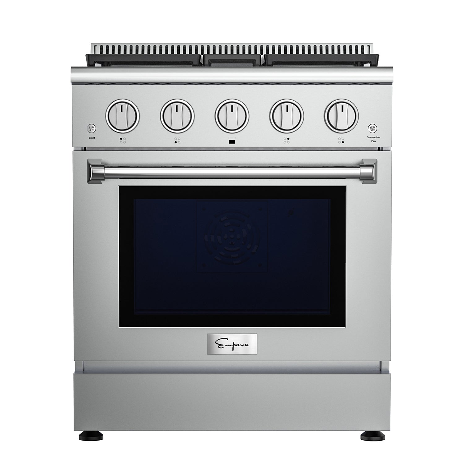 Introducing the Empava 30 Inch Freestanding Range Gas Cooktop And Oven, crafted from stainless steel and featuring a glass-front door. Equipped with four control knobs and proudly displaying the "Empava" logo at the bottom center of the oven door, this appliance is part of the dependable Empava family. The cooktop boasts an elegant grille grate, offering versatile cooking options.