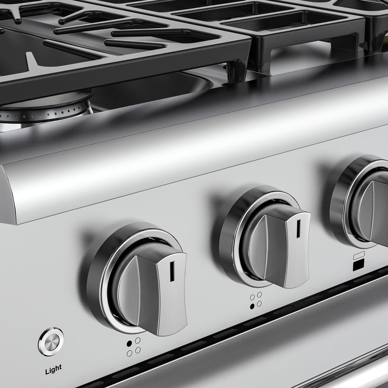 Close-up image of an Empava 30 Inch Freestanding Range Gas Cooktop And Oven, highlighting three large cylindrical control knobs made of stainless steel with black marker lines indicating their settings. To the left, there is a small button labeled "Light," and part of the stovetop with burners is visible at the top.