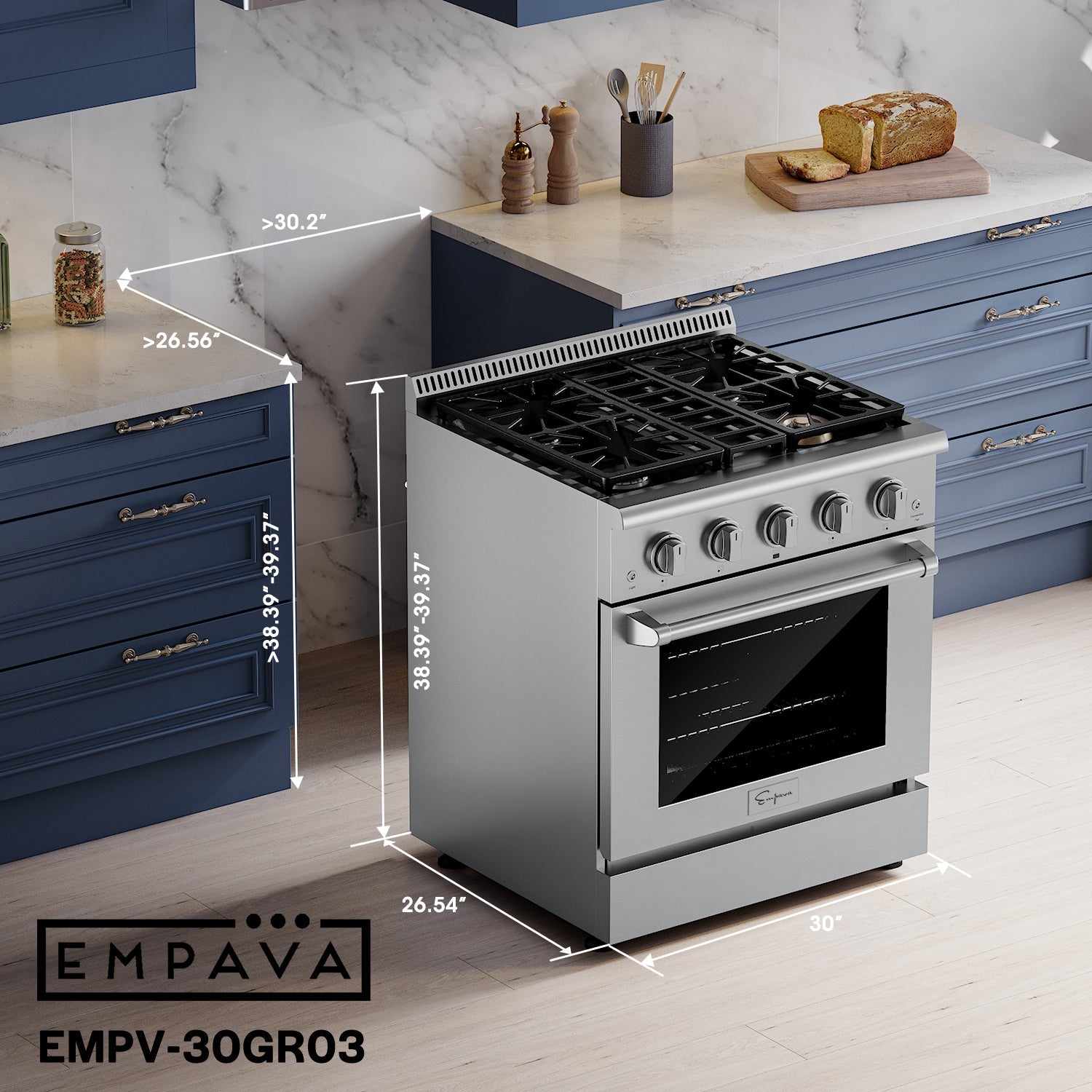 An Empava 30 Inch Freestanding Range Gas Cooktop And Oven with five burners is centered in a modern kitchen with blue cabinetry and a marble countertop. Dimensions of the range are displayed, and quality Empava appliances sit on the counter in the background.