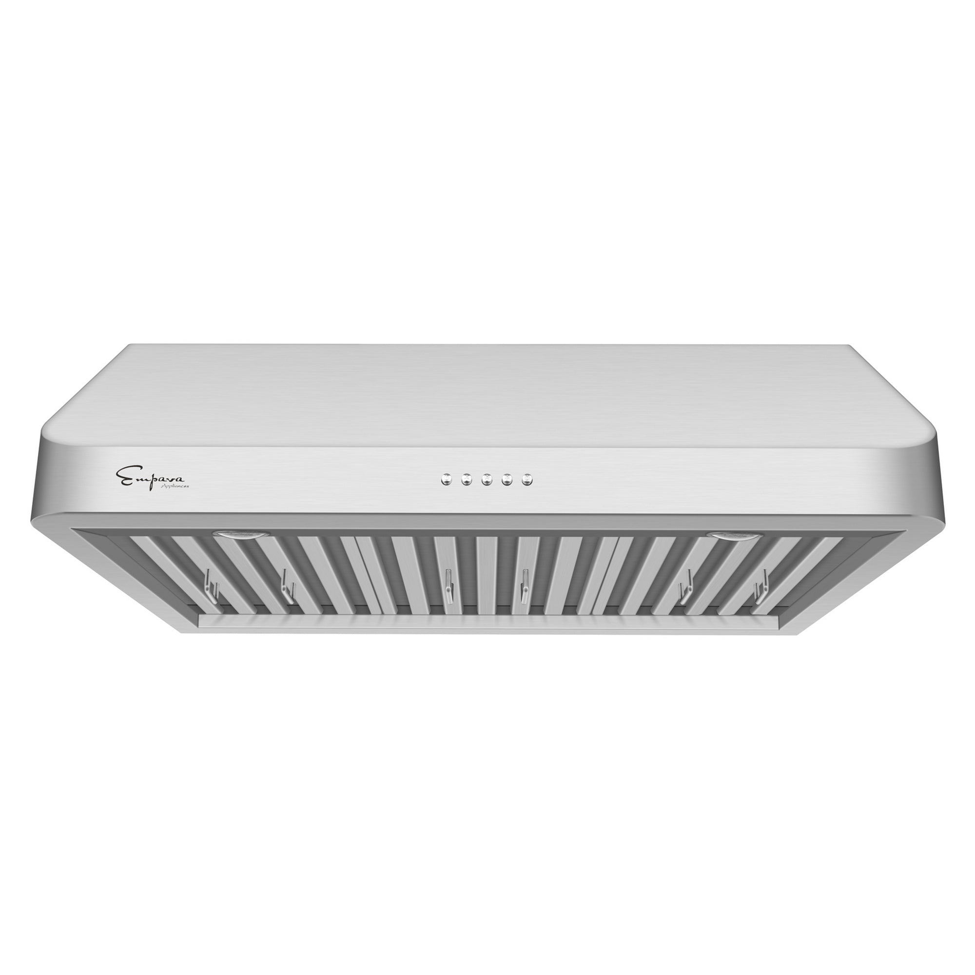 The Empava 36 in. Ducted 500 CFM Under Cabinet Range Hood is shown with a sleek design. It features five control buttons on the front and metal baffle filters underneath for ventilation, offering 500 CFM airflow levels. The brand logo is visible on the left side, making it perfect for installation under the cabinet.