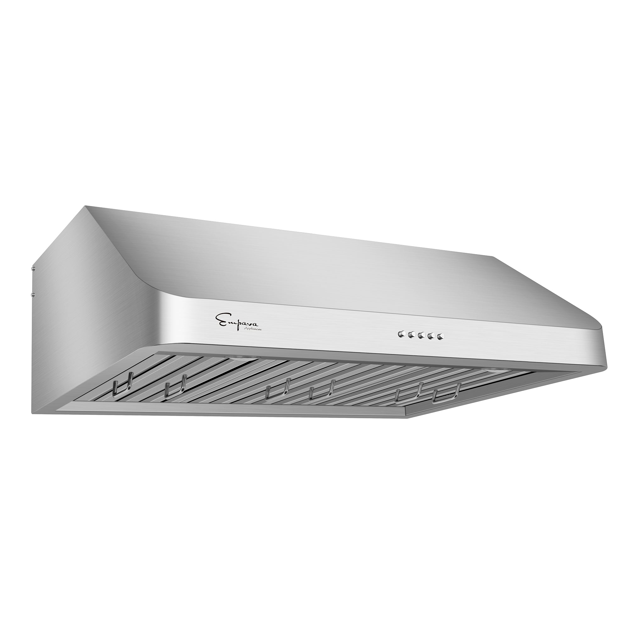 The Empava 36 in. Ducted 500 CFM Under Cabinet Range Hood is a stainless steel kitchen range hood with a sleek, modern design. It offers multiple airflow levels for efficient air extraction and features a front-located control panel with buttons. The brand name "Empava" is visible on the vented underside, ensuring optimal performance at up to 500 CFM.