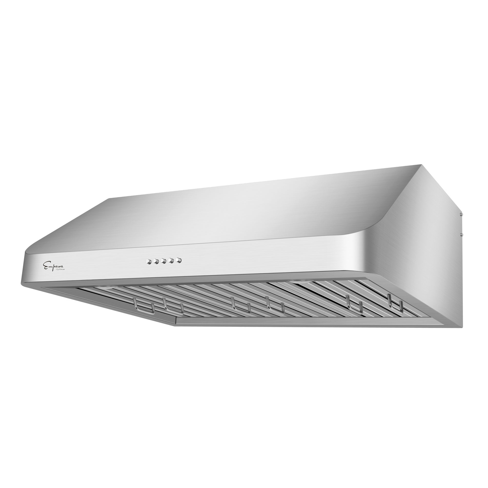 The Empava 36 in. Ducted 500 CFM Under Cabinet Range Hood is a sleek, stainless steel appliance featuring five control buttons on the front panel. It is designed for under-cabinet kitchen installation and offers a powerful 500 CFM airflow. Its series of metallic filters ensure optimal airflow and grease collection, blending functionality and style effortlessly.