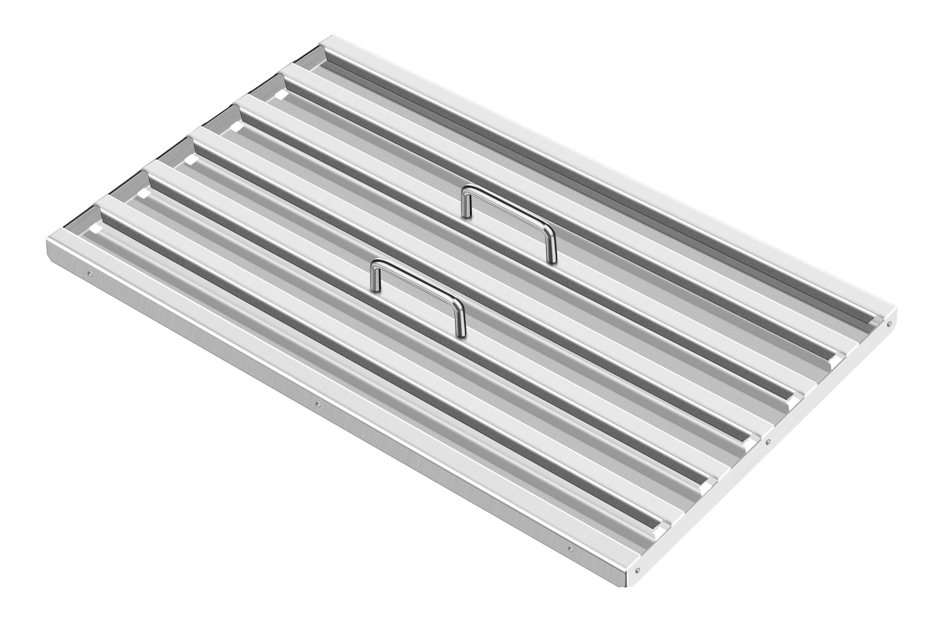 The Empava 36 in. Ducted 500 CFM Under Cabinet Range Hood is a sleek silver metal rectangular appliance cover with ribbed panels, designed for installation under the cabinet. It features two centrally positioned horizontal handles and boasts a minimalist design with a slight sheen, optimizing airflow levels up to 500 CFM.