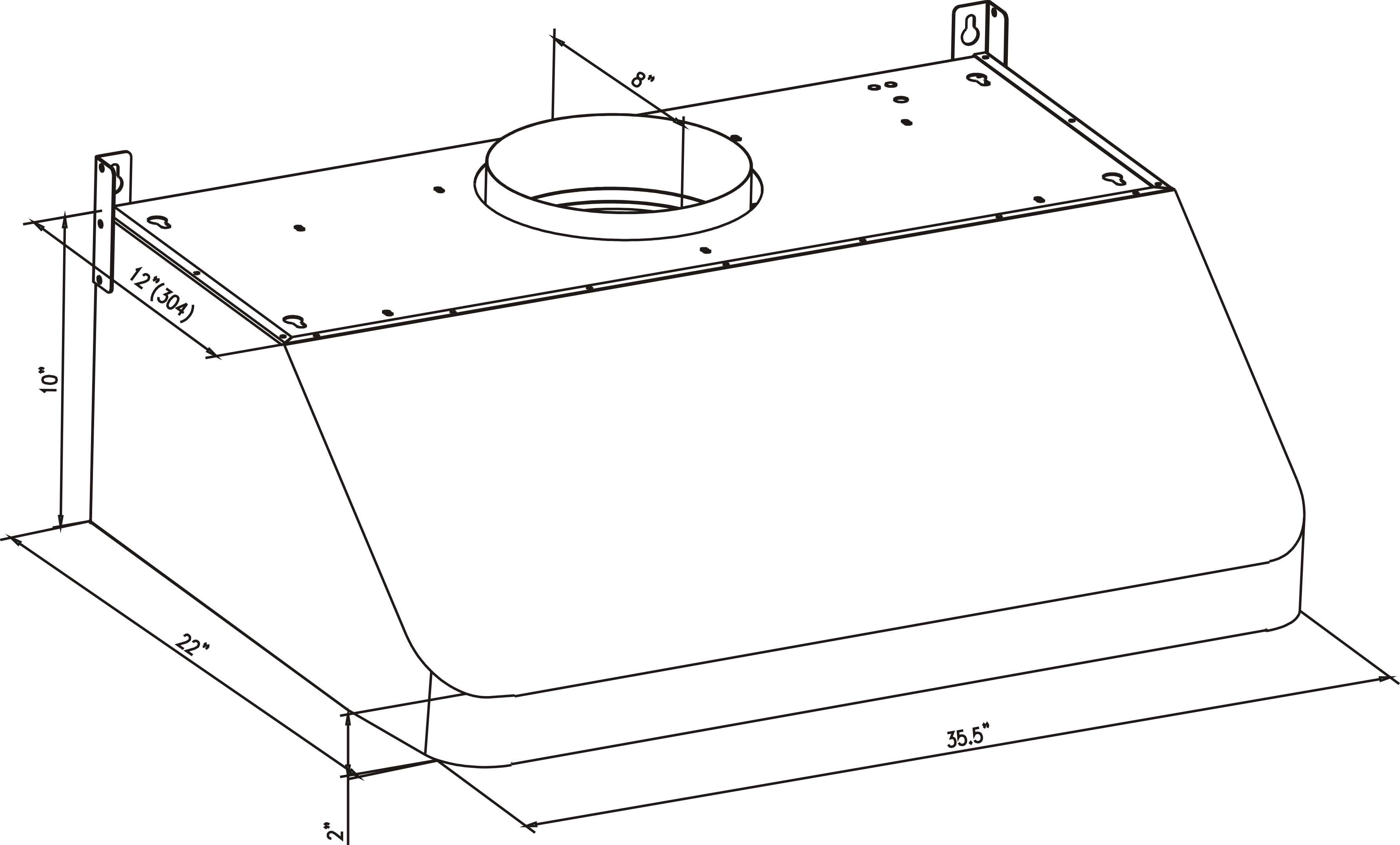 Black and white technical drawing of the Empava 36 in. Ducted 500 CFM Under Cabinet Range Hood featuring several measurements. The front measures 35.5 inches, the height is 10 inches, and the depth is 17 inches. A circular opening for a duct is visible near the top, perfect for optimizing airflow levels up to 500 CFM.