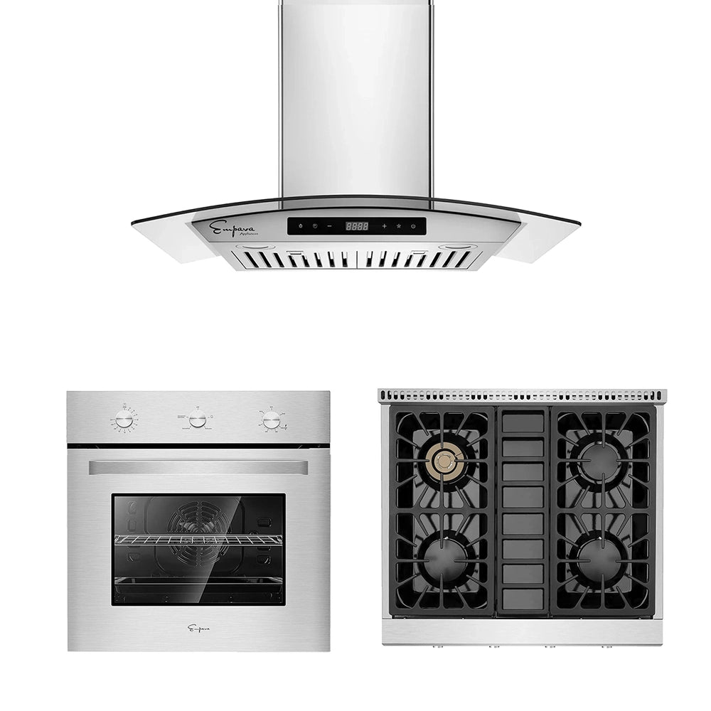3 Pieces Kitchen Appliances Packages  30 Gas Cooktop & 30 Range Hood & 24 Wall Oven-EMPV-30GC30 & EMPV-30RH06 & EMPV-24WO10L