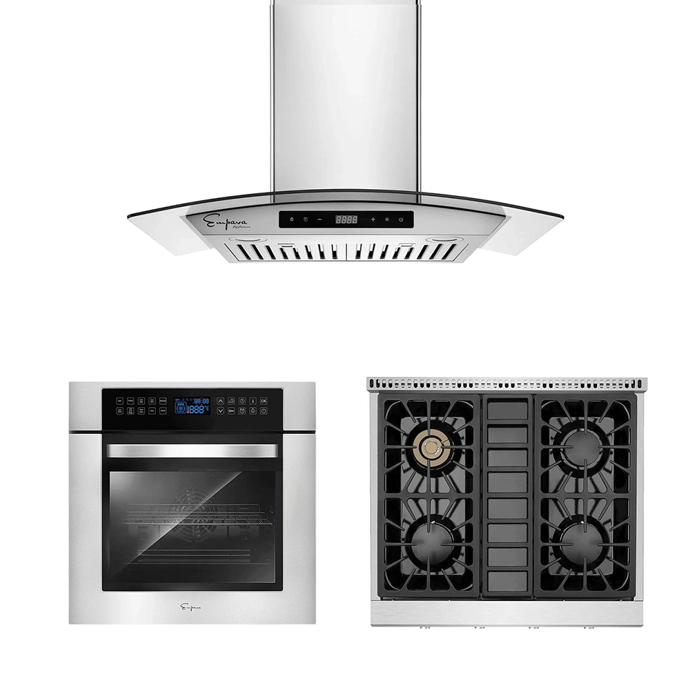 3 Pieces Kitchen Appliances Packages / 30" Gas Cooktop & 30" Range Hood & 24" Wall Oven-EMPV-30GC30 & EMPV-30RH06 & EMPV-24WOC02