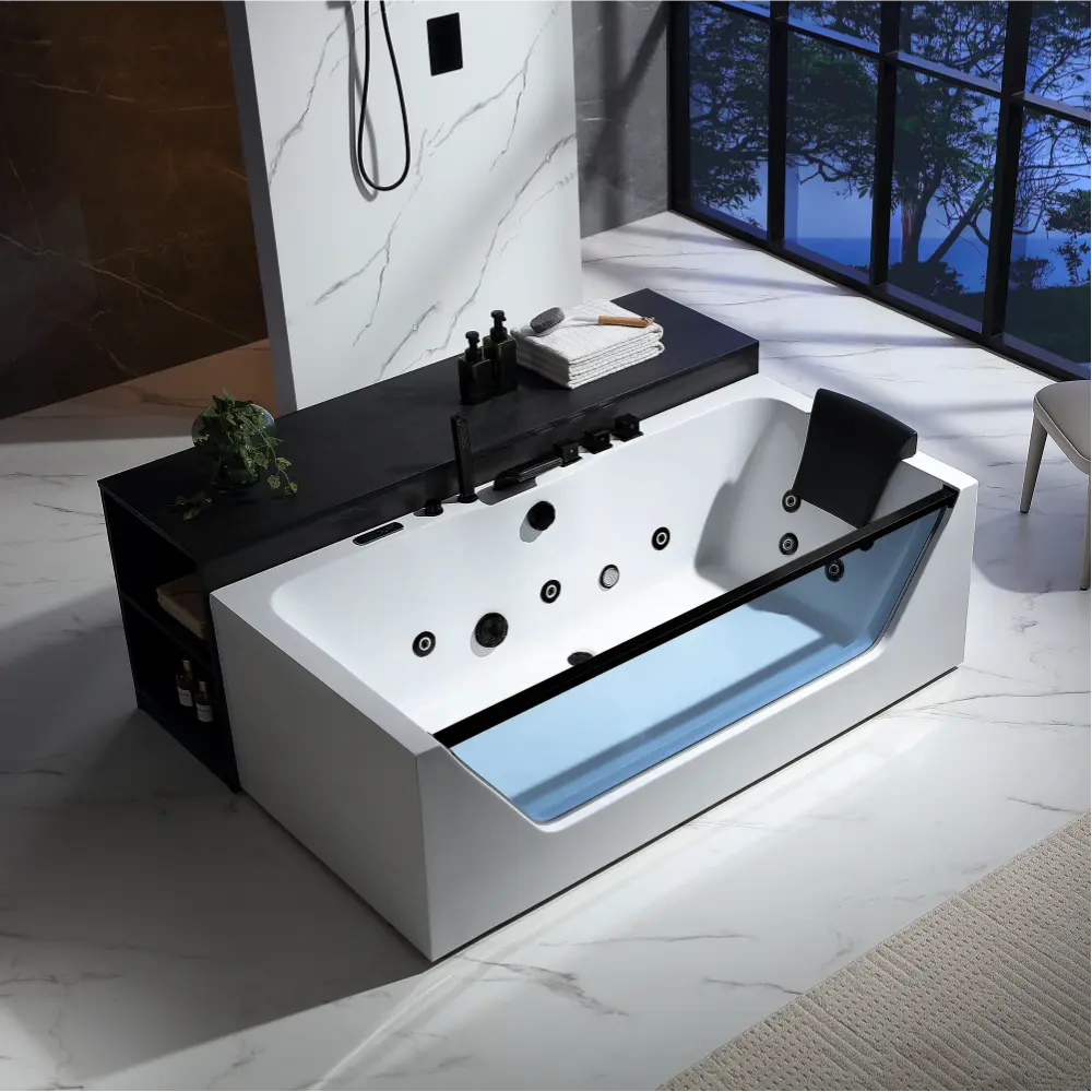 Baignoire balnéo à LED de 71 po pour alcôve avec drain central