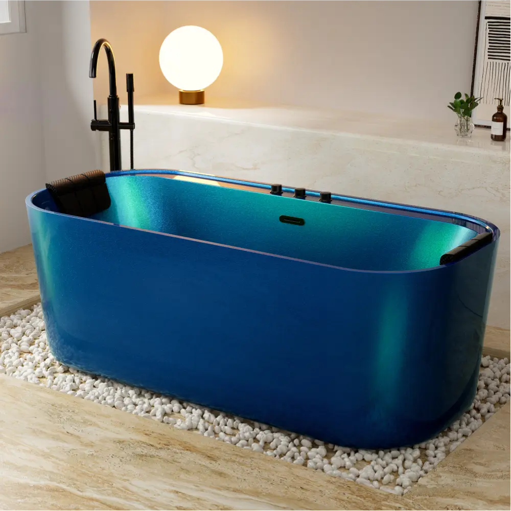 Baignoire balnéo autoportante en acrylique de 67 po avec drain central