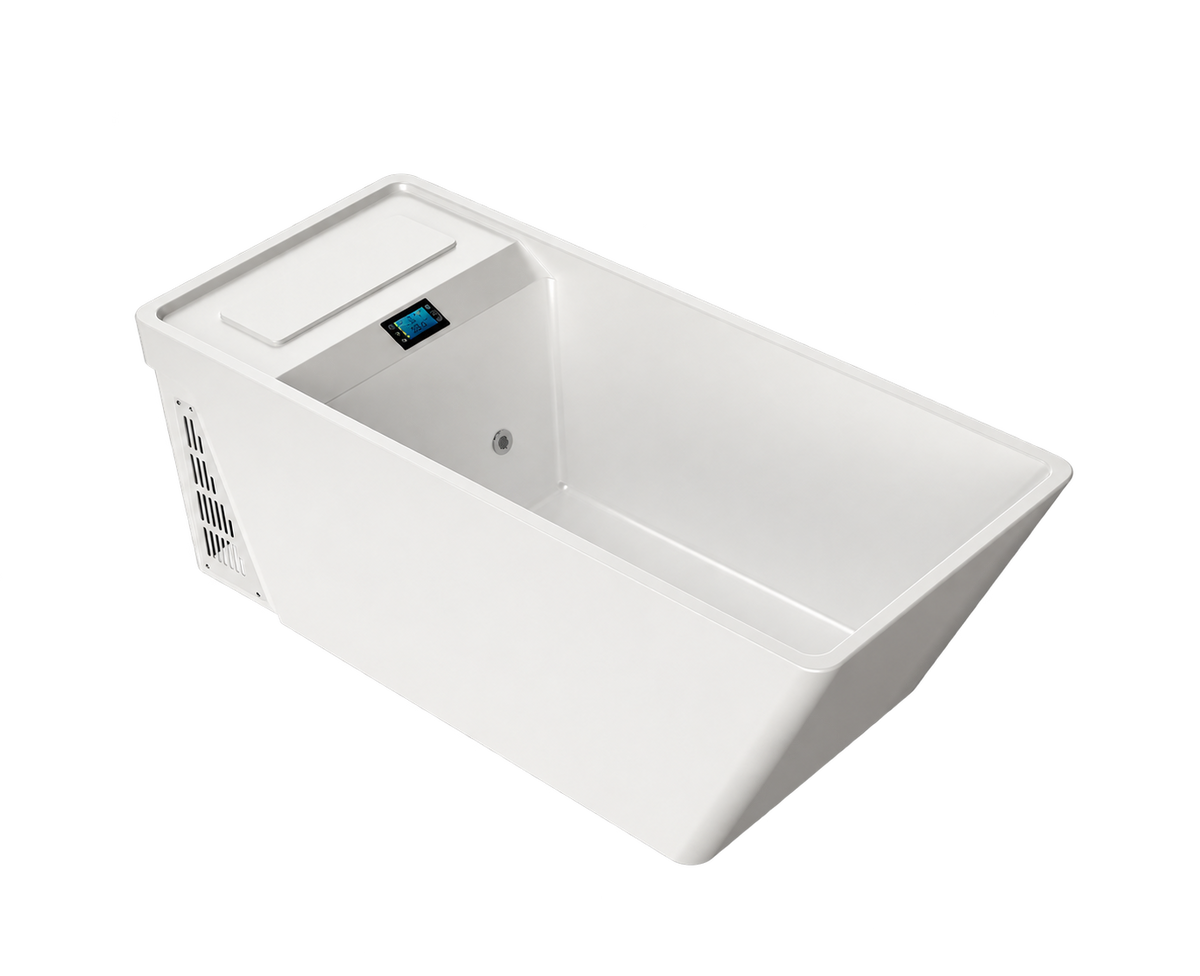Empava 79CLF02 cold plunge tub angled view showing spacious interior and digital control panel