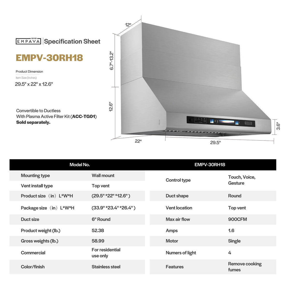 Empava 30 inch 900 CFM Wall Mount Range Hood