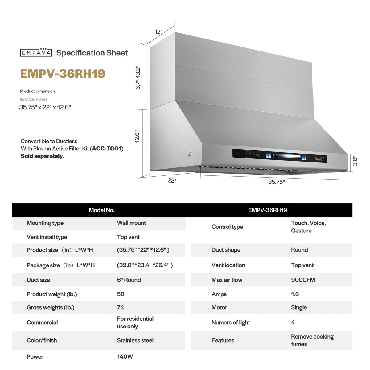 Empava 36 inch 900 CFM Wall Mount Range Hood