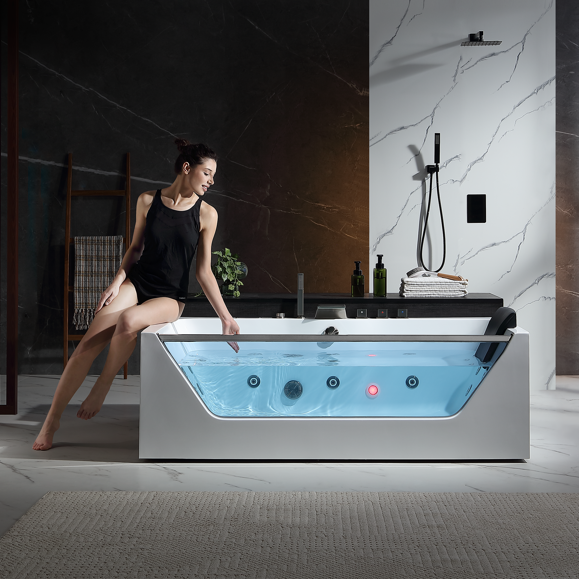 Empava 71 inch Alcove Whirlpool Jetted Bathtub with Inline Heater, LED Lights & Glass Panel
