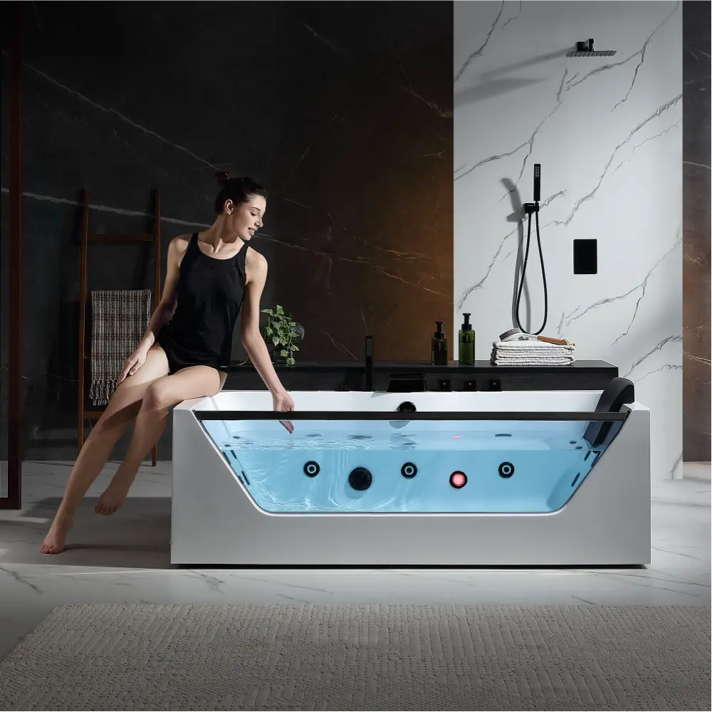 Baignoire balnéo à LED de 71 po pour alcôve avec drain central