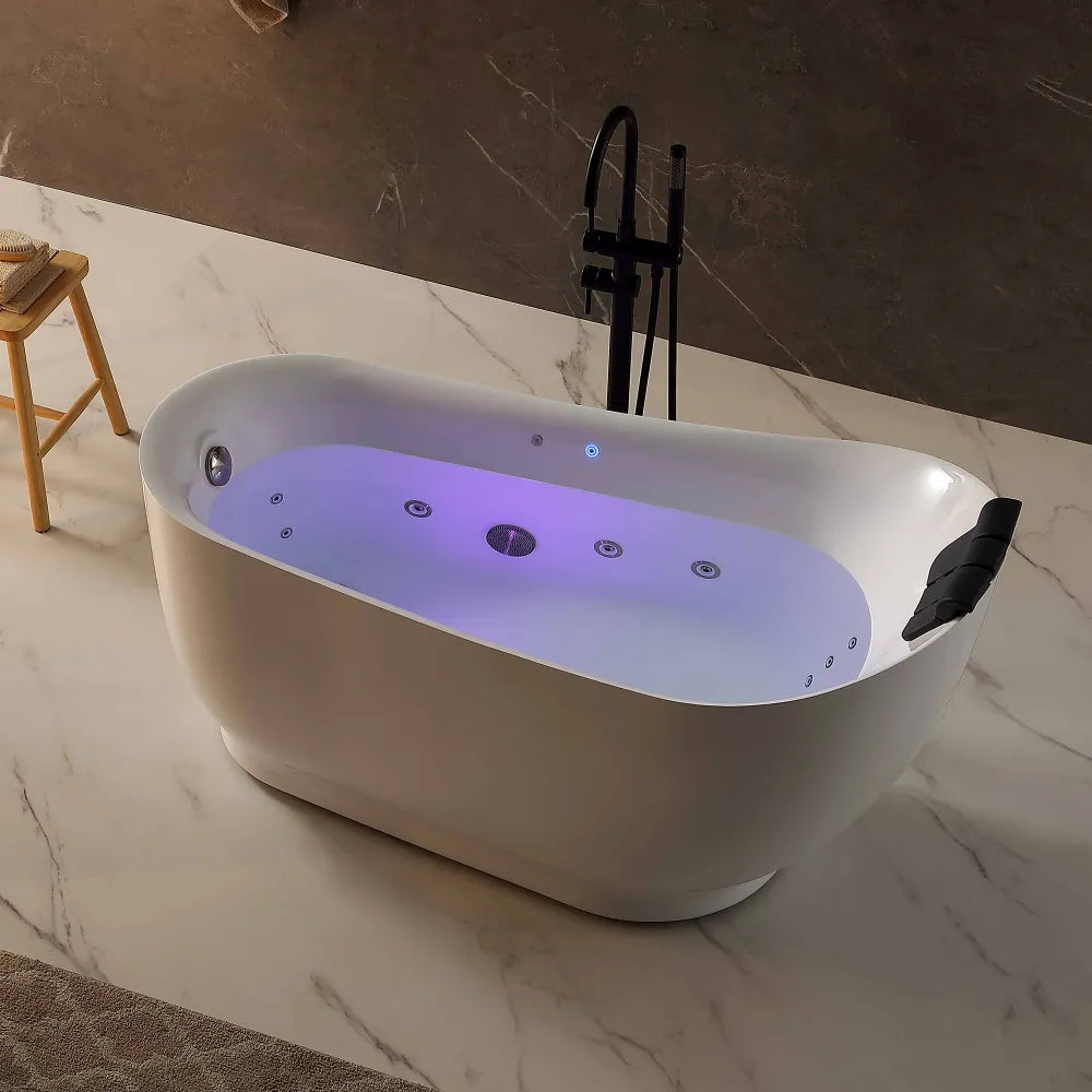 Baignoire îlot ovale à hydromassage en acrylique blanc de 59 po avec drain à droite