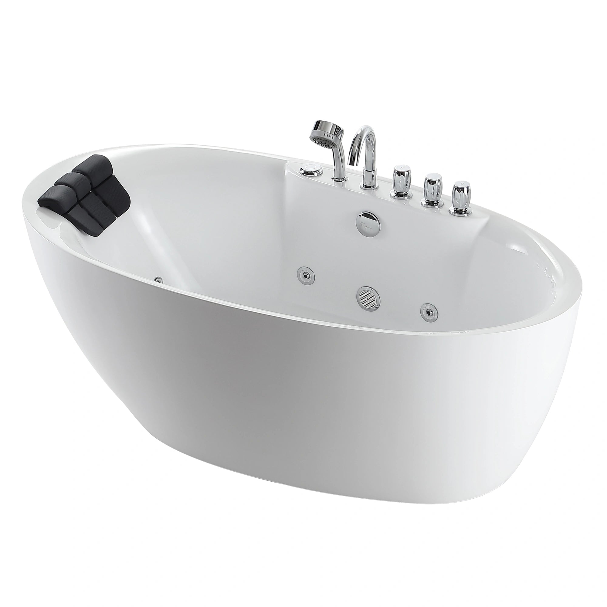 The 59" Acrylic Freestanding Whirlpool Bathtub with Reversible Drain is a sleek, white, oval-shaped tub made from durable acrylic material, featuring a black headrest on one end. This bathtub includes multiple silver knobs, a faucet, and hydromassage nozzles on the inside for a luxurious bathing experience. Its modern design is both elegant and functional.