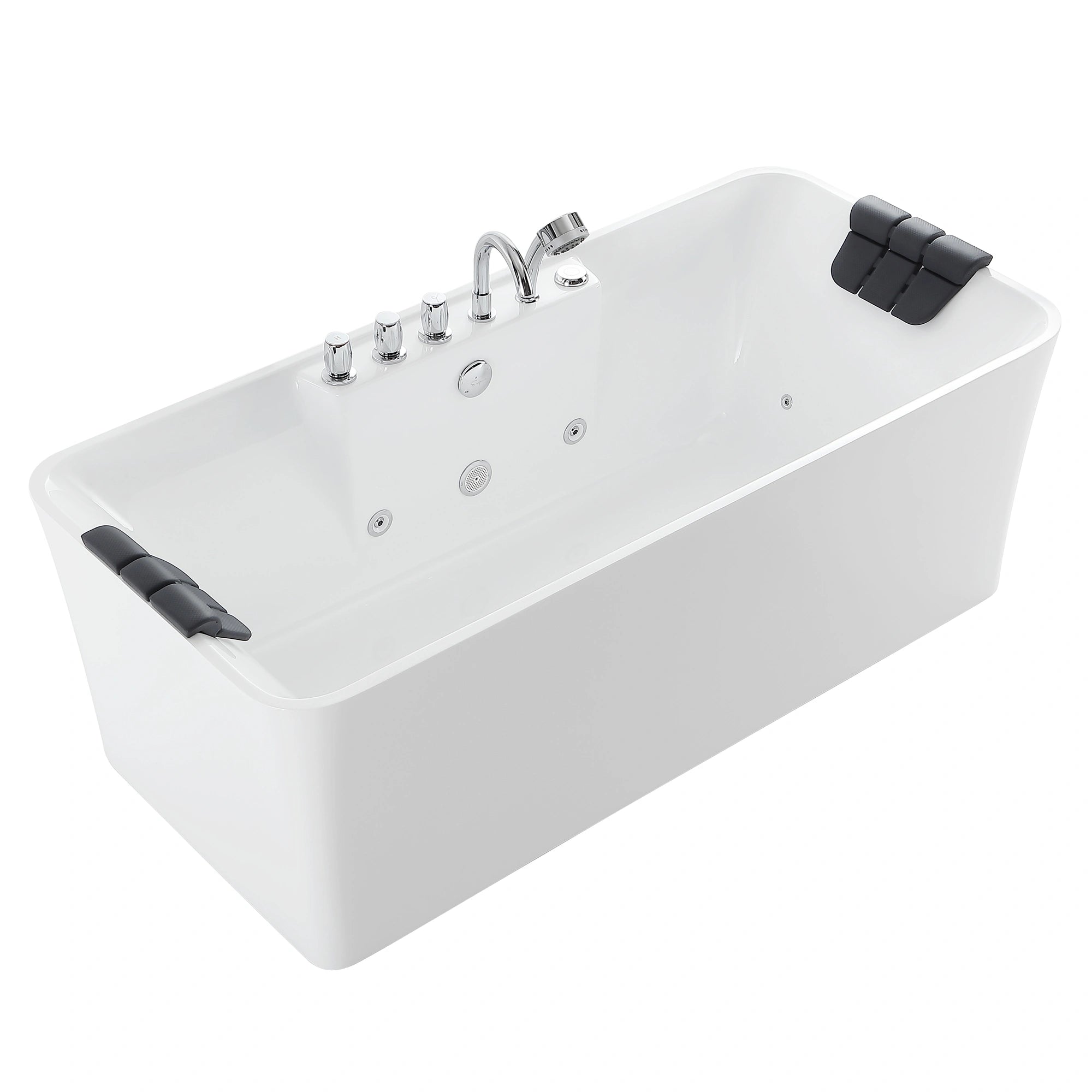 The 59" Freestanding Rectangle Whirlpool Bathtub with Center Drain is a sleek and modern white rectangular tub made from high-quality acrylic material. It features a central control panel with multiple faucet handles, a handheld showerhead, and two headrests on either end for maximum comfort. Its dual-end design includes jet nozzles that provide a luxurious spa-like experience.