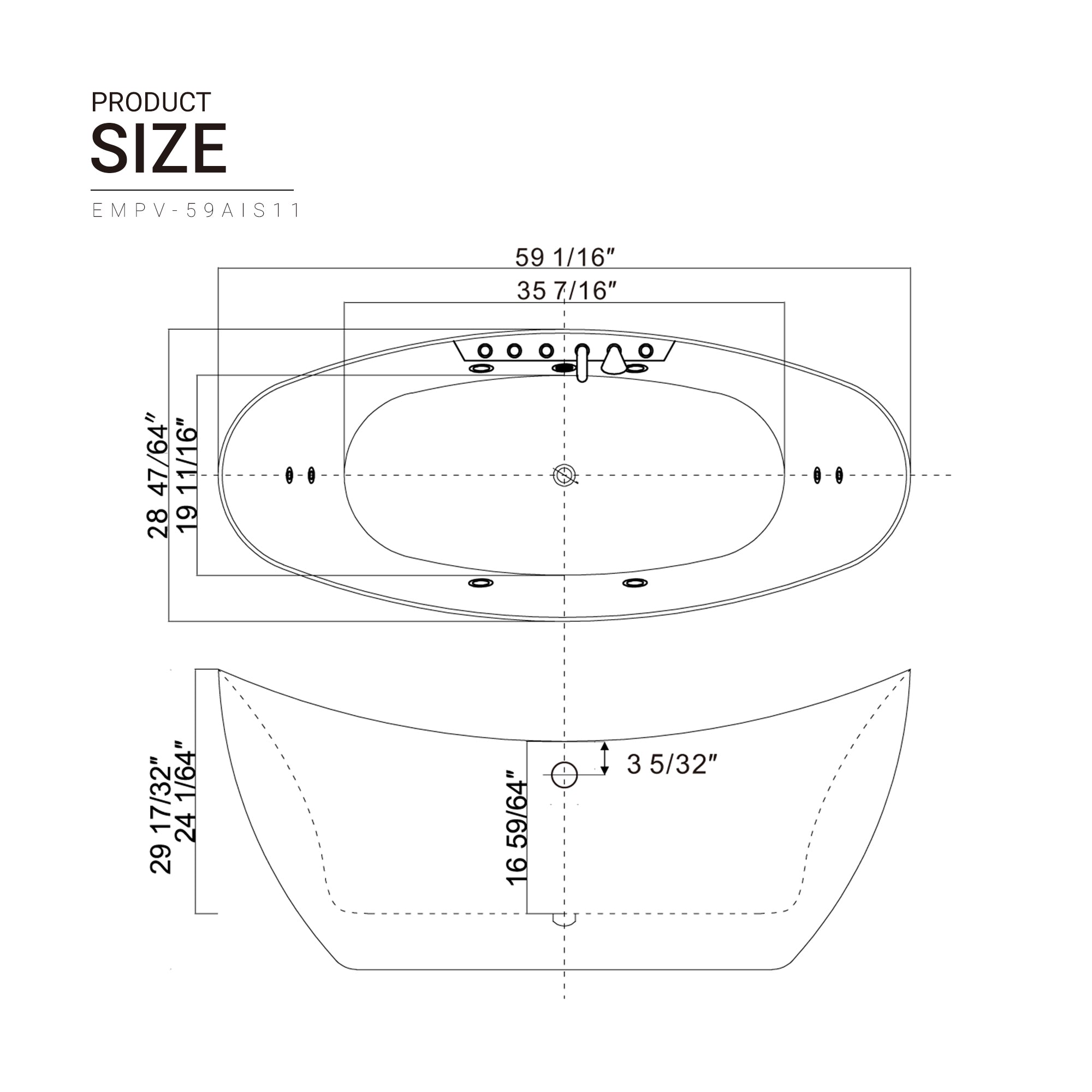 Empava-59AIS11-59" Freestanding Boat-shaped Whirlpool Bathtub with Center Drain-size-chart