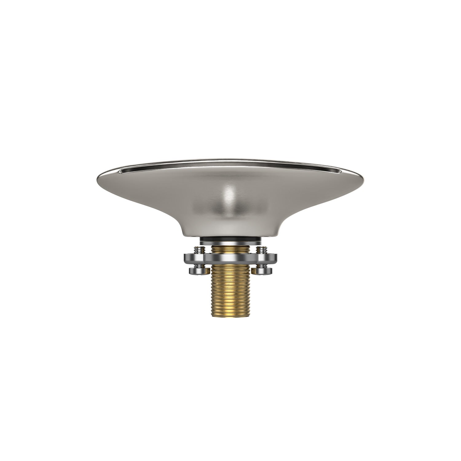 The Bathtub Faucet Fixtures for EMPV-59JT005 Whirlpool Round Tub features a shallow, wide, bowl-shaped upper section connected to a cylindrical base with a screw thread at the bottom. The fixture includes two nuts and a washer securing the connection between the upper and lower sections.