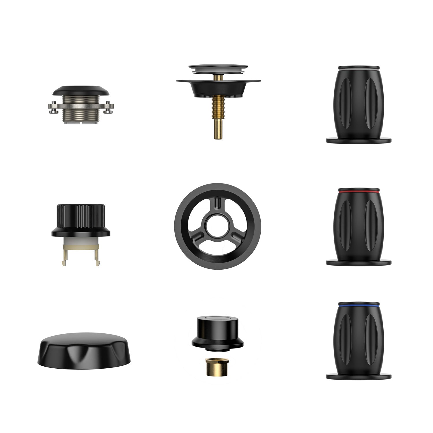 A grid featuring nine black and metallic components of various shapes and designs, including cylindrical connectors, a round gear, a circular cap, and knobs. These parts appear to be elements of the Bathtub Faucet Fixtures for the EMPV-59JT005 Whirlpool Round Tub by Empava.