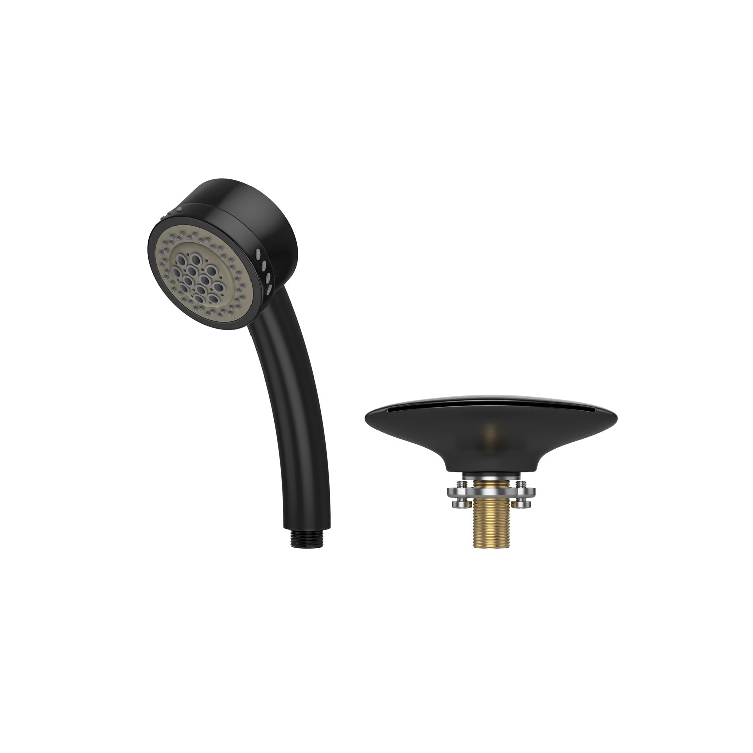 The Bathtub Faucet Fixtures For EMPV-59JT005 Whirlpool Round Tub in glossy black features multiple spray settings and a separate mounting bracket with a threaded attachment. It has a slightly curved handle and a circular spray face with grey nozzles, presented against a white background.