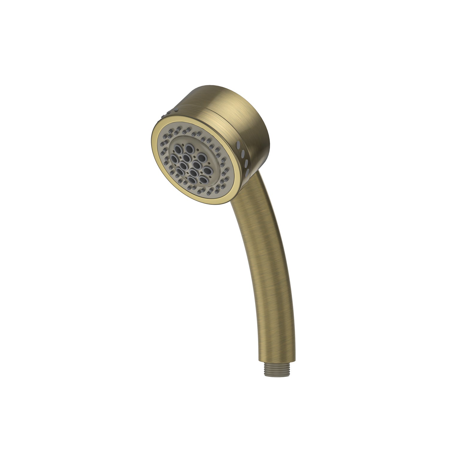 The Bathtub Faucet Fixtures for EMPV-59JT005 Whirlpool Round Tub include a brushed brass handheld showerhead, featuring a circular spray face with multiple nozzles arranged in concentric circles. The handle is curved for ergonomic use, and the bottom end has threading for easy attachment to a shower hose.