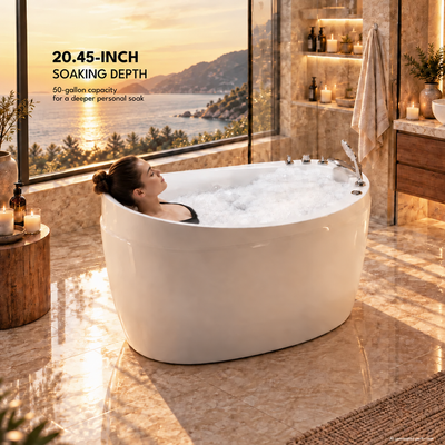 Woman enjoying a deep soak in the Empava 48JT011 air massage tub
