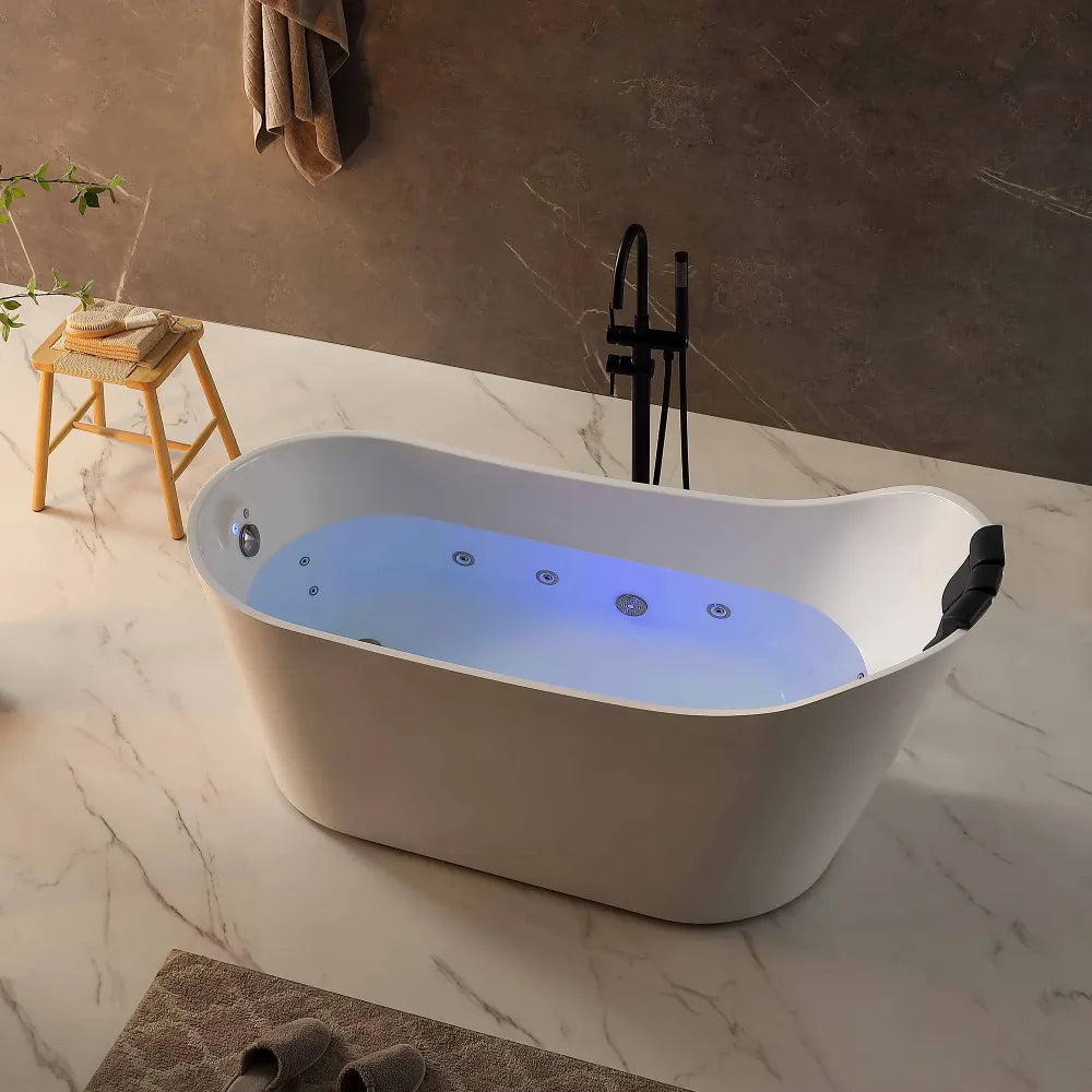 67" White Acrylic Oval Freestanding Whirlpool Tub with Right Drain