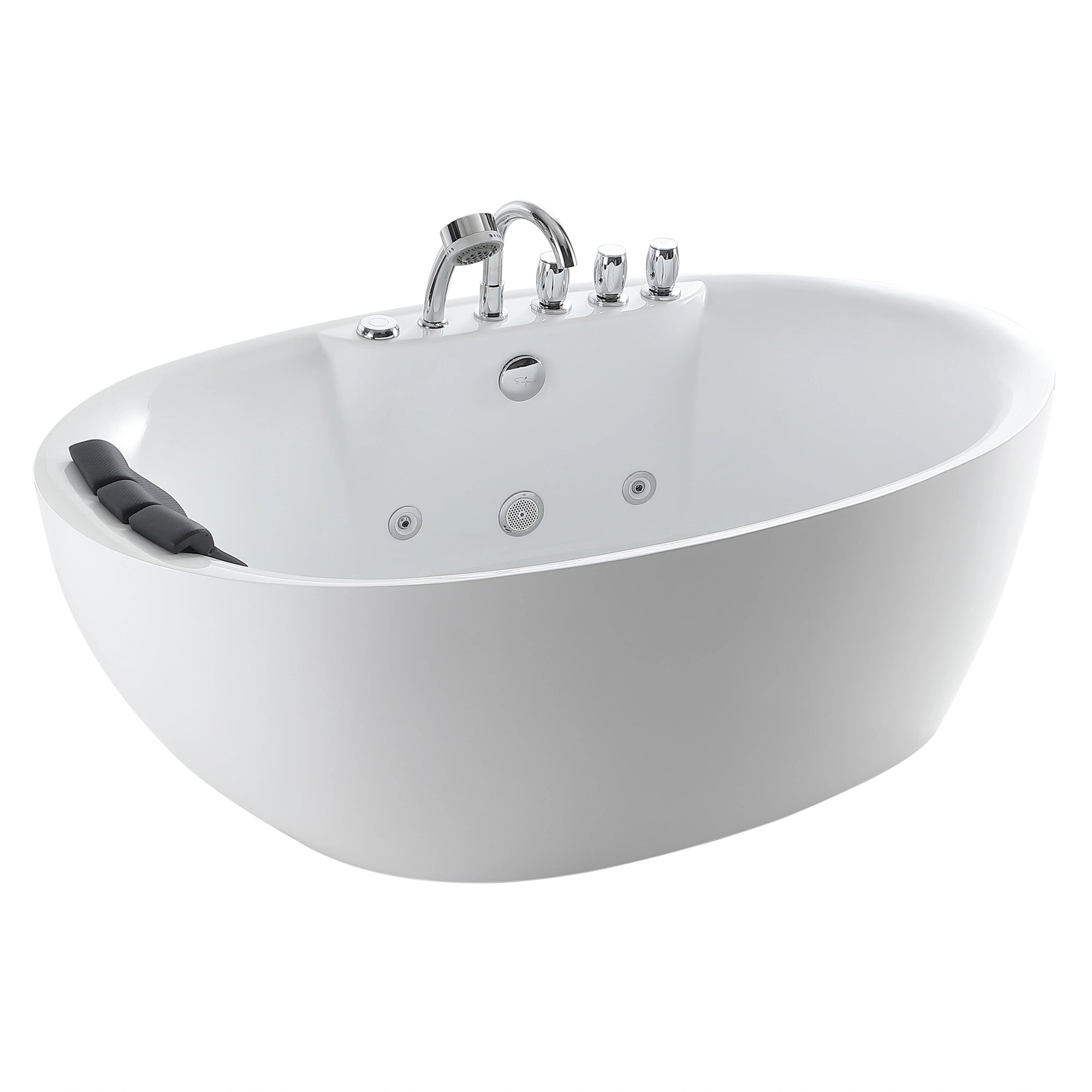 The 67" Acrylic Freestanding Whirlpool Bathtub with Reversible Drain is a modern oval tub finished in white, highlighted by chrome fixtures such as a faucet and three knobs. Constructed from high-quality acrylic material, the bathtub boasts built-in water jets and hydromassage nozzles, complemented by a black headrest for enhanced comfort. Its sleek and minimalist design adds contemporary elegance to any bathroom space.