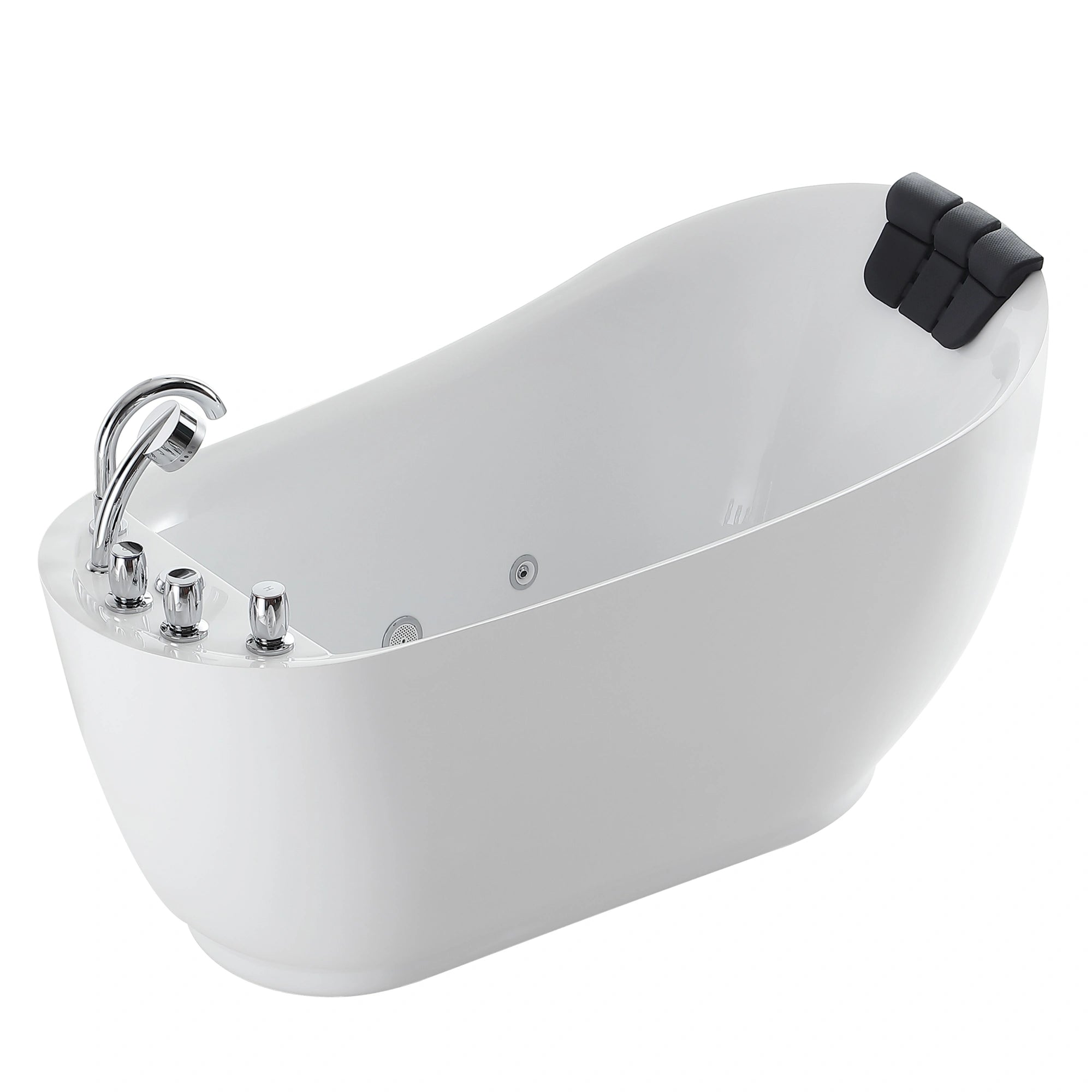 Introducing the 67" Acrylic Freestanding Whirlpool Tub with Reversible Drain: a modern white bathtub featuring a sleek design and contoured backrest for ultimate relaxation. Equipped with a chrome-finished faucet and convenient controls on one end, this tub is crafted from crack and mold-resistant acrylic material, boasting a smooth, glossy surface. It stands elegantly against a plain white background.