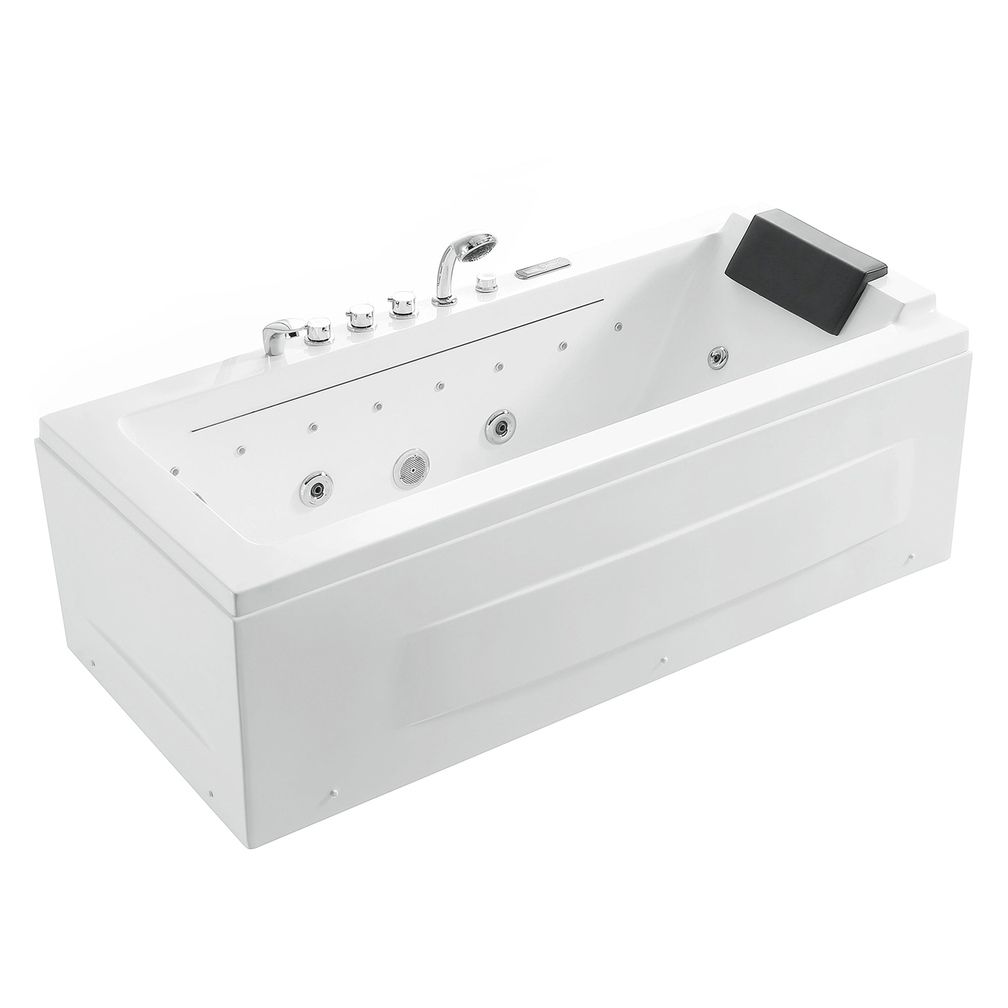 The 67" Alcove Combination Massage Inline Heater LED Tub with Left Drain is a rectangular white bathtub featuring a black headrest on one end. It boasts multiple air and water jets along its inner sides, polished chrome faucet handles, and a handheld showerhead. Designed for comfort and relaxation, the tub's sleek style is complemented by negative ions to enhance the soothing experience.