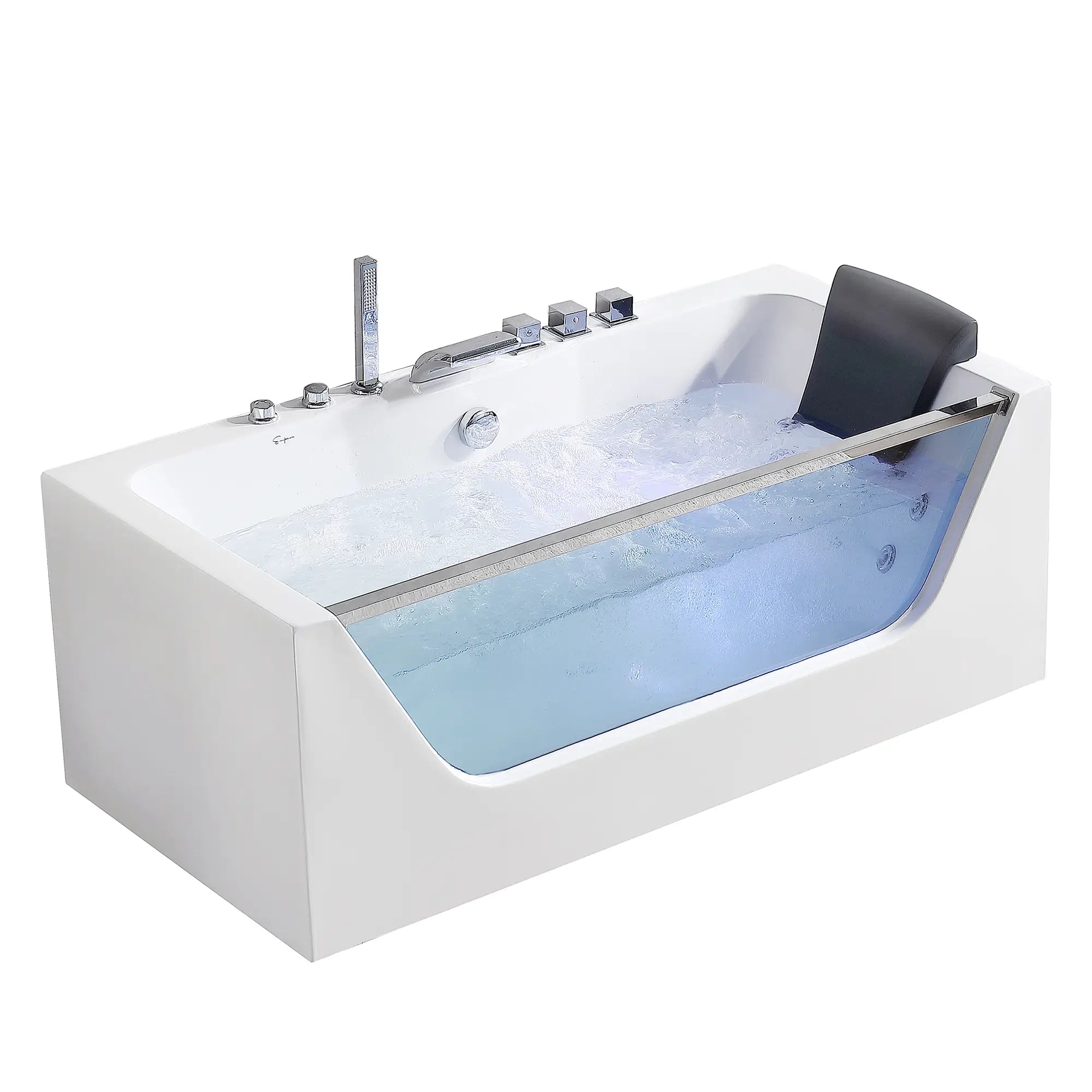 A modern 67" Alcove LED Whirlpool Bathtub with Center Drain, featuring a transparent side panel filled with water. It includes a black headrest and controls for water jets and faucets on the side, offering hydrotherapy benefits. The tub is integrated into a white, minimalist frame crafted from fiberglass-enforced acrylic.