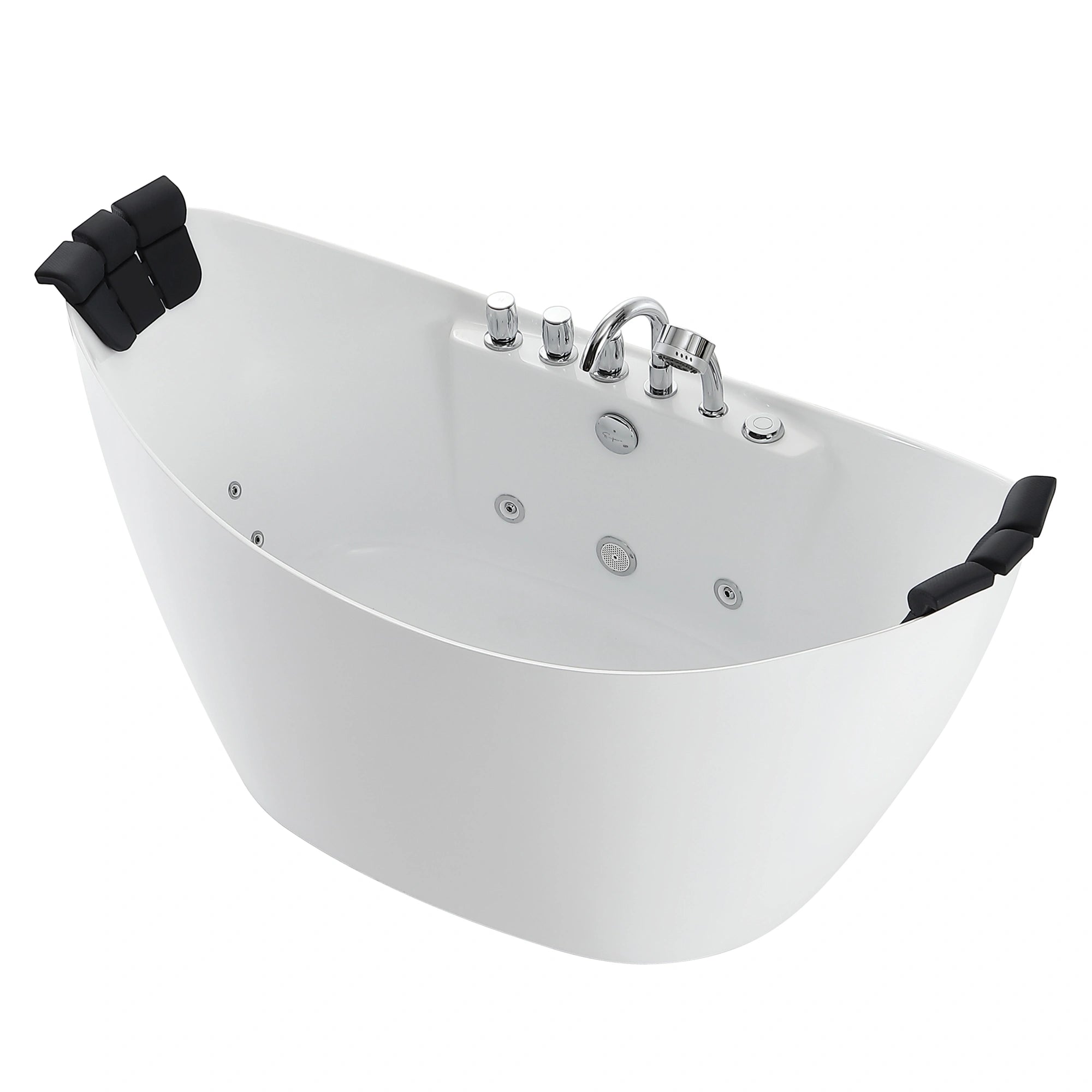 The 67" Freestanding Boat-shaped Whirlpool Bathtub with Center Drain offers a sleek, modern look with black headrests on both ends and multiple chrome fixtures such as a faucet, knobs, and jets for a luxurious spa-like experience. Crafted from crack-resistant acrylic material for lasting durability, this tub features a smooth, curved design set against a plain white background.