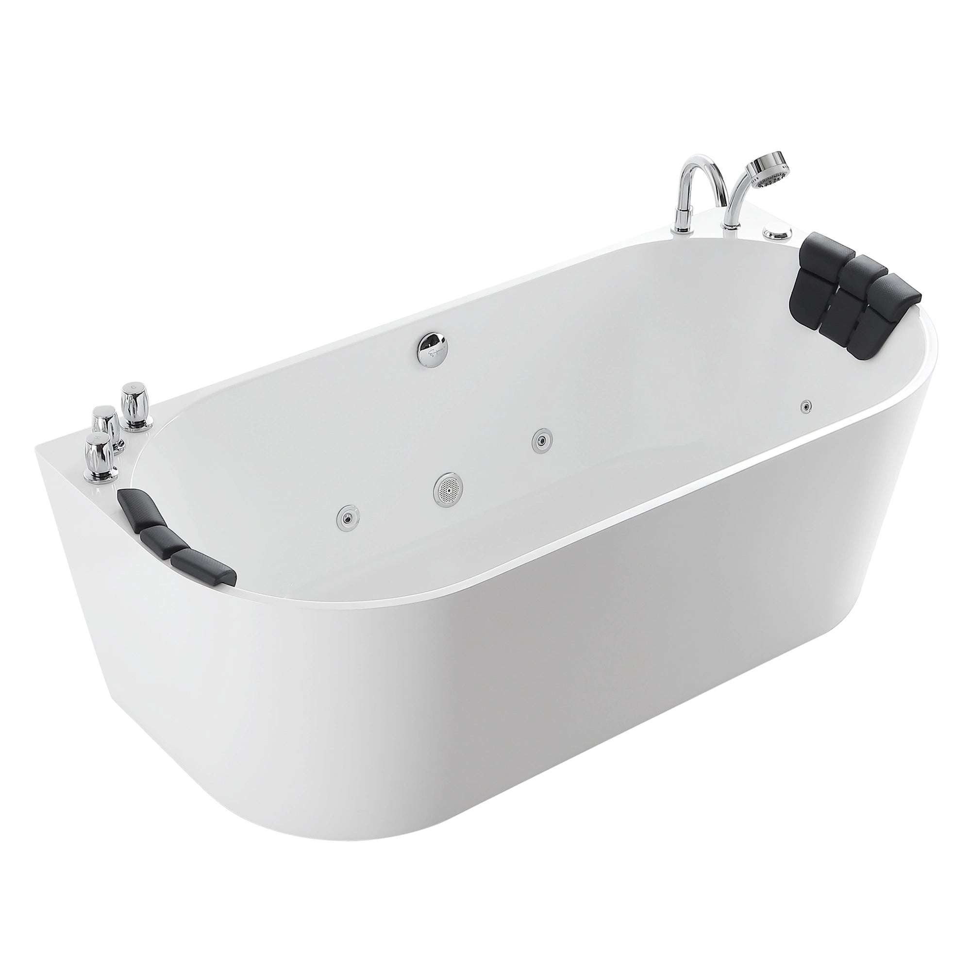 The 67" Freestanding Hydro Massage Whirlpool Bathtub with Center Drain is a modern white bathtub featuring black headrests, built-in faucets, and multiple jet nozzles for a rejuvenating whirlpool function. Crafted from durable acrylic material, this tub's sleek and minimalist design includes chrome fixtures and provides hydrotherapy massaging for a spa-like experience at home.