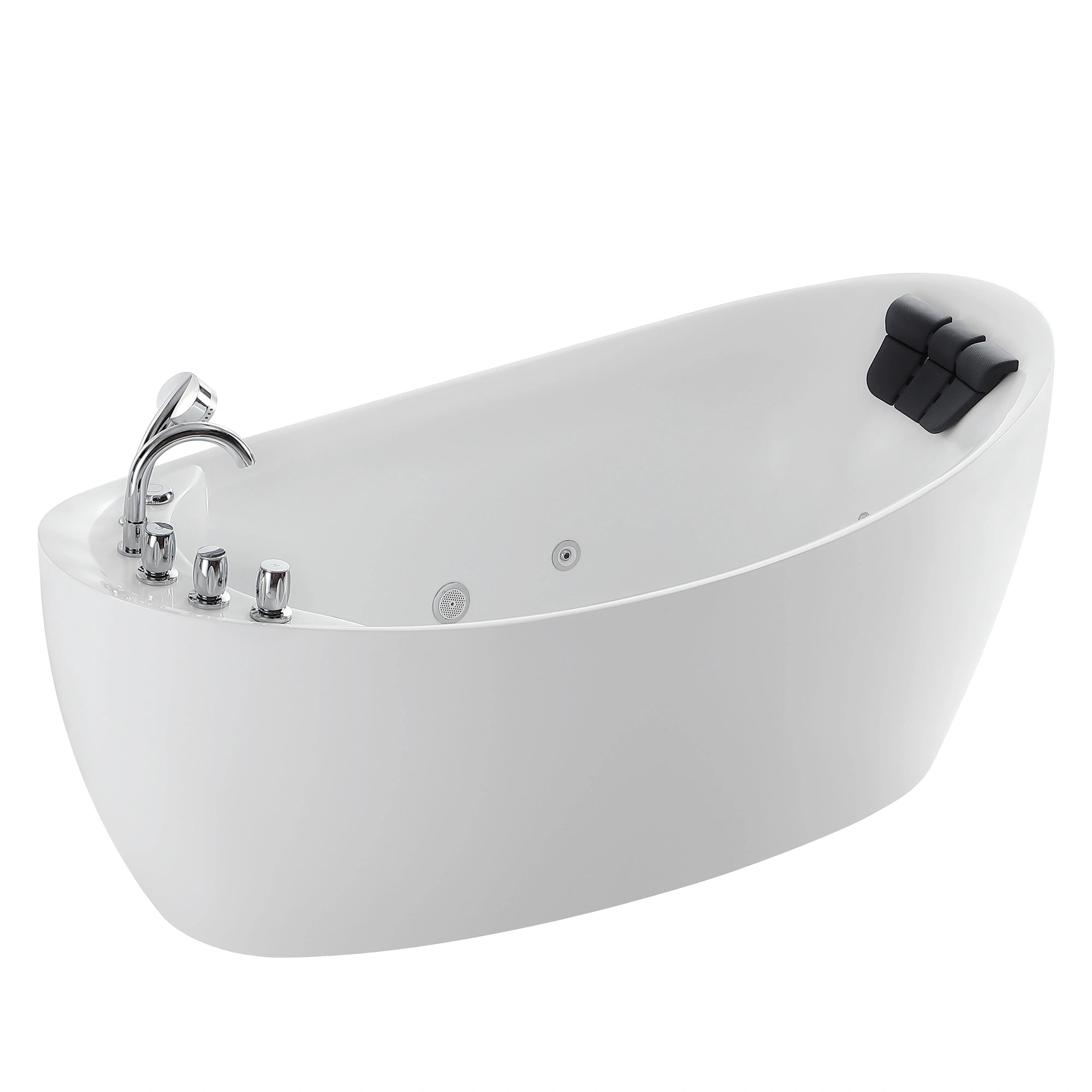 The 67" Freestanding Hydro Massage Whirlpool Bathtub with Reversible Drain is a sleek, white oval-shaped tub made from durable acrylic material and features built-in black headrests at one end. Its modern, ergonomic design includes chrome fixtures such as a faucet, knobs, and a handheld shower head, all conveniently positioned on one side for optimal hydrotherapy sessions.