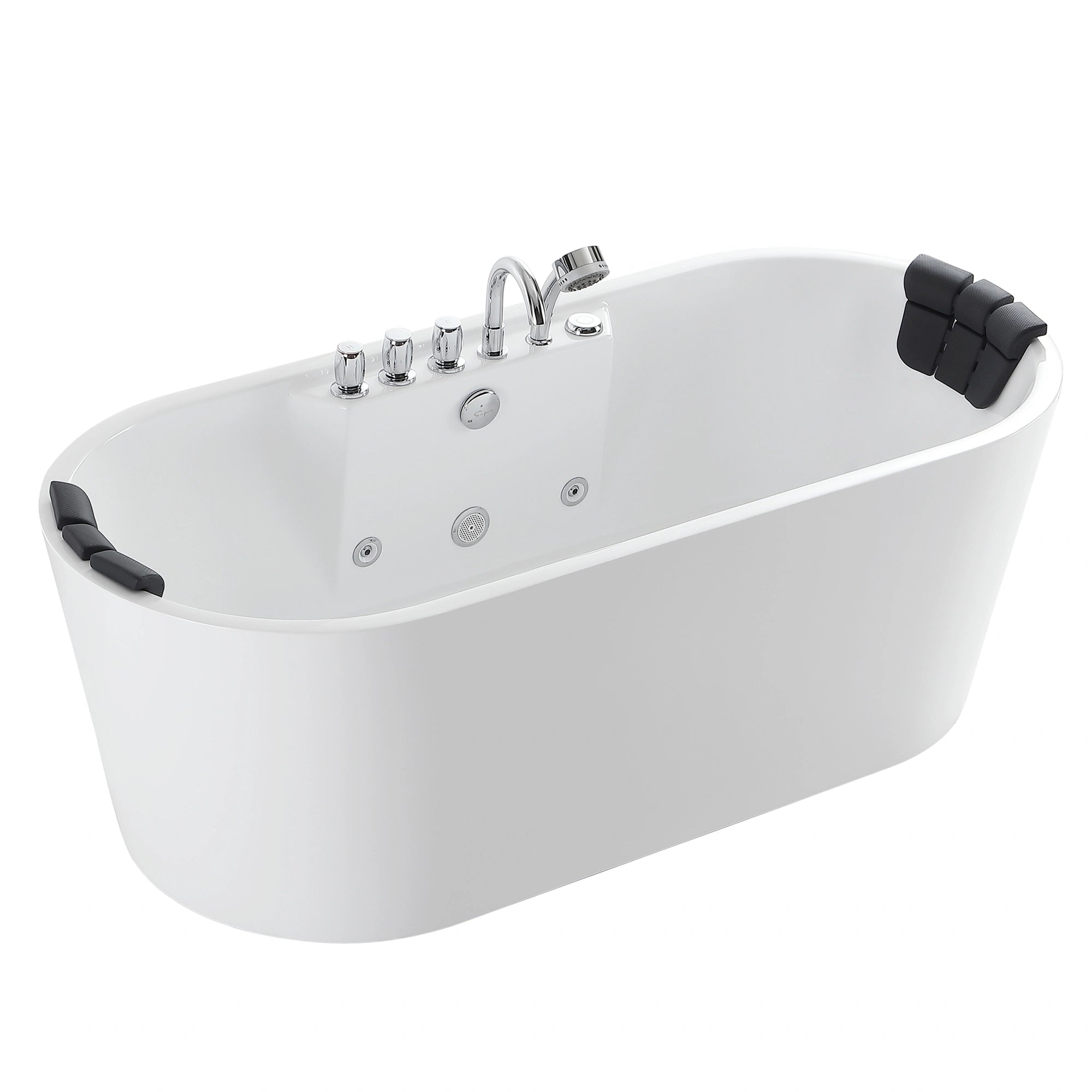 The 67" Freestanding Oval Whirlpool Bathtub with Center Drain is a sleek, modern masterpiece made from durable acrylic. It features an elegant white finish, black headrests on both ends, and various faucet and control knobs conveniently located in the middle of one side. Its curved edges not only enhance its stylish design but also provide a luxurious hydrotherapy experience.