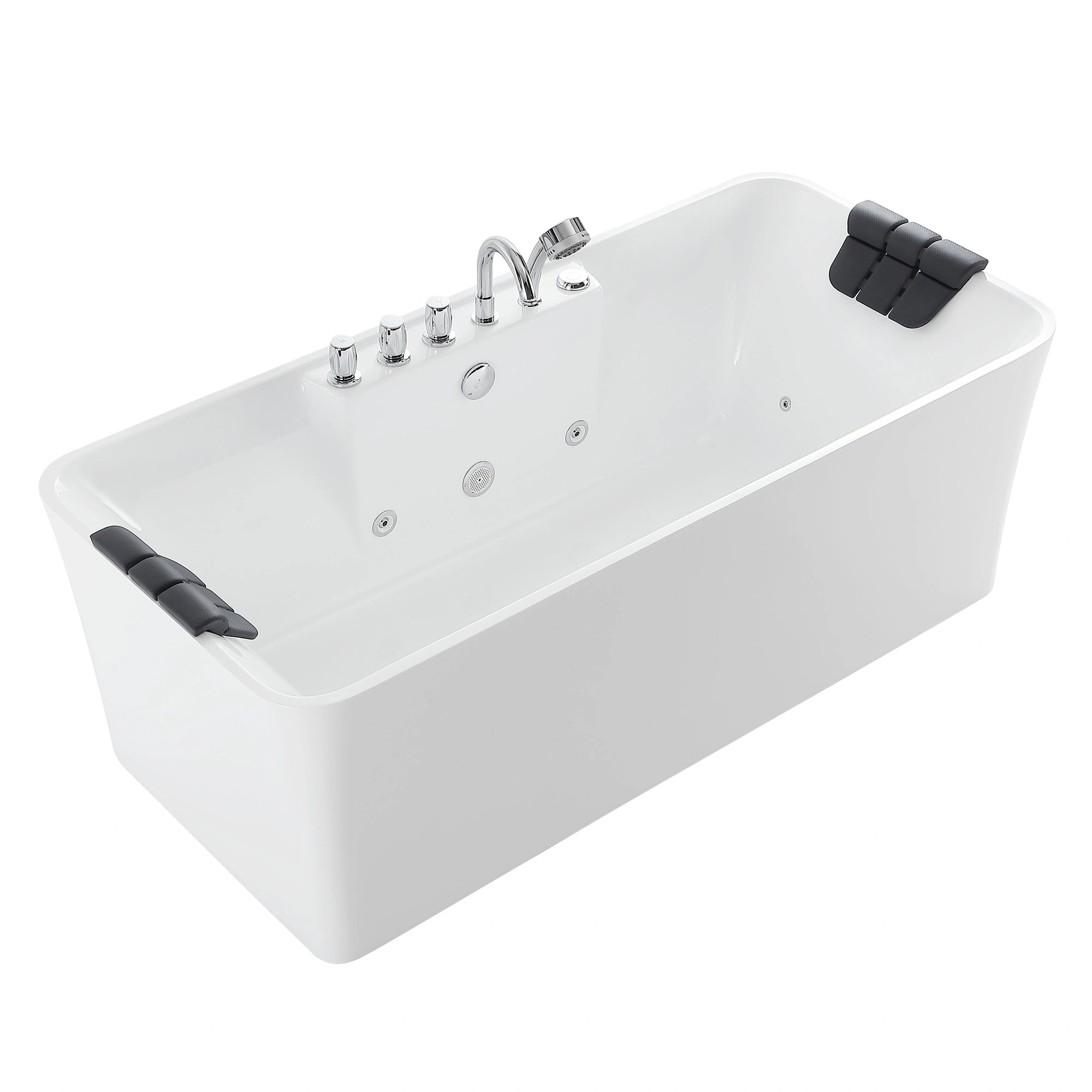 The 67" Freestanding Rectangle Whirlpool Bathtub with Center Drain is a white rectangular deep soaking tub, featuring black headrests at both ends. Its double-ended design includes a centrally mounted faucet, multiple control knobs, and a handheld shower head. The smooth interior comes with a built-in overflow drain, making it perfect for Hydrotherapy relaxation.