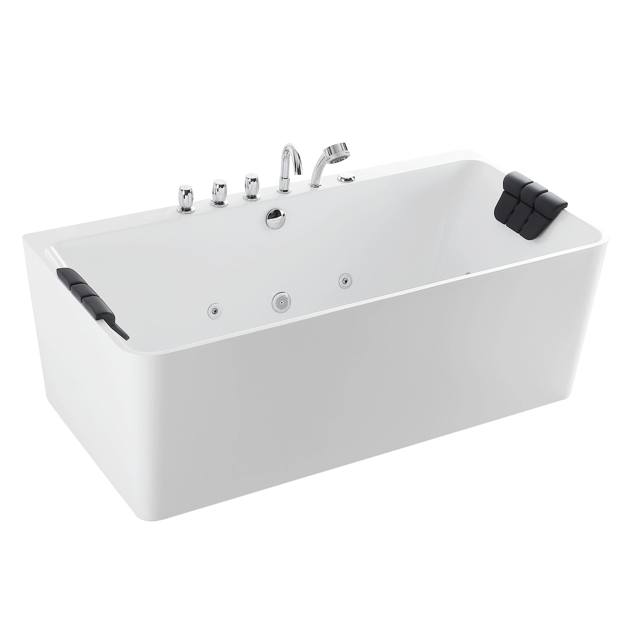 Introducing the 67" Freestanding Whirlpool Bathtub with Faucet and Center Drain: A modern, rectangular white bathtub showcasing clean lines, crafted from durable acrylic material. It is equipped with a chrome faucet, three handles, and a handheld showerhead. This tub features hydrotherapy massaging jets and includes two black padded headrests on its double-ended design for added comfort.