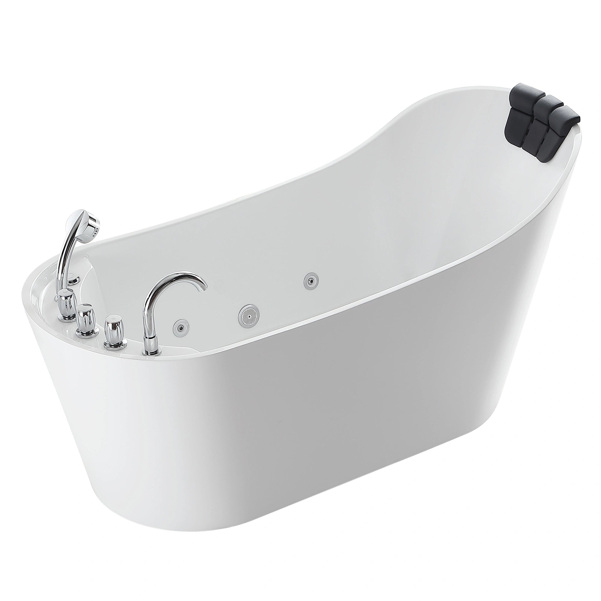 The 67" Freestanding Whirlpool Tub with Faucet and Reversible Drain is a modern, white free-standing bathtub with a heightened backrest. It features chrome faucets, jets for whole-body zone therapy, and a black headrest. The tub boasts a sleek and minimalist design, making it ideal for contemporary bathrooms.