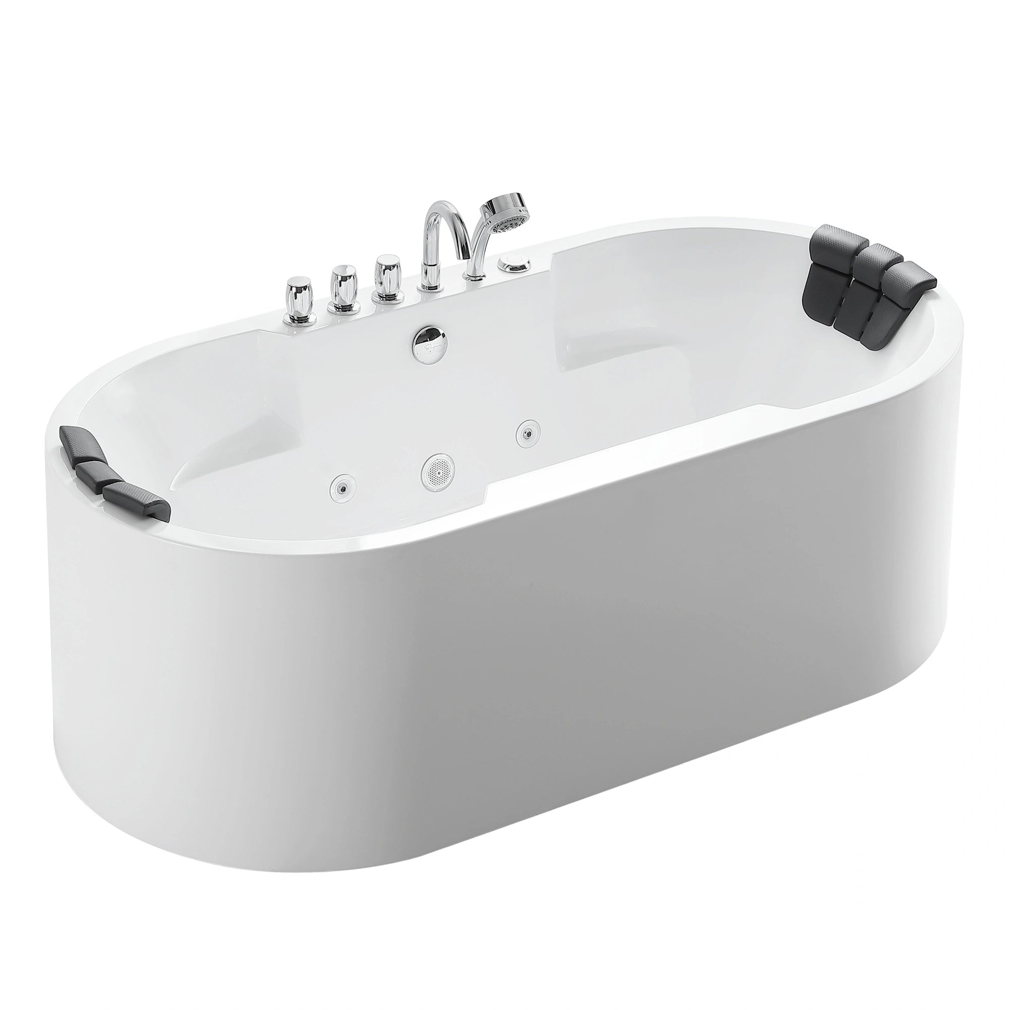 The 67" Oval Freestanding Whirlpool Bathtub with Center Drain is a modern, white bathtub featuring a sleek oval design and a double-ended layout. Made from acrylic material for optimal heat retention, this tub includes chrome fixtures such as a faucet and handles, two black cushioned headrests, and multiple jet nozzles for hydrotherapy massaging.