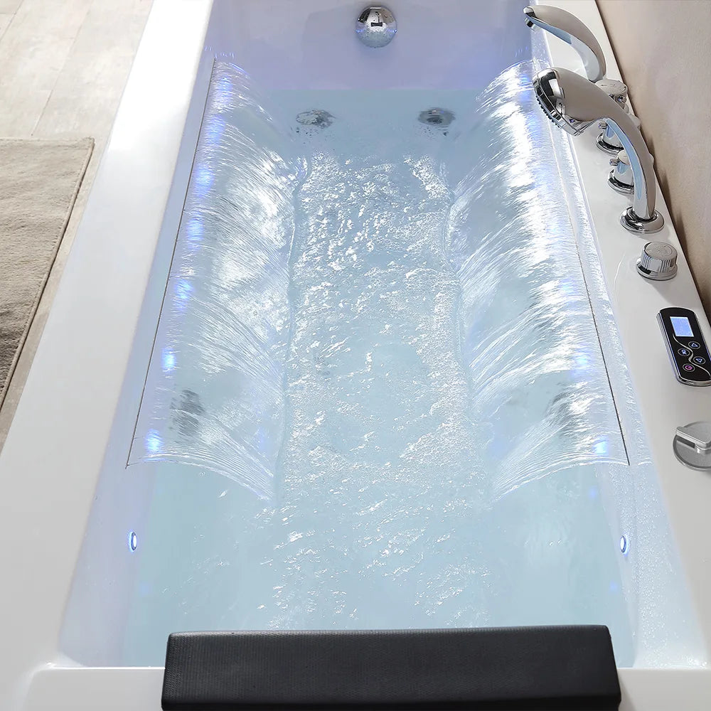 Empava 67" Alcove Combination Massage Inline Heater LED Tub with Left Drain waterfall with led lights.