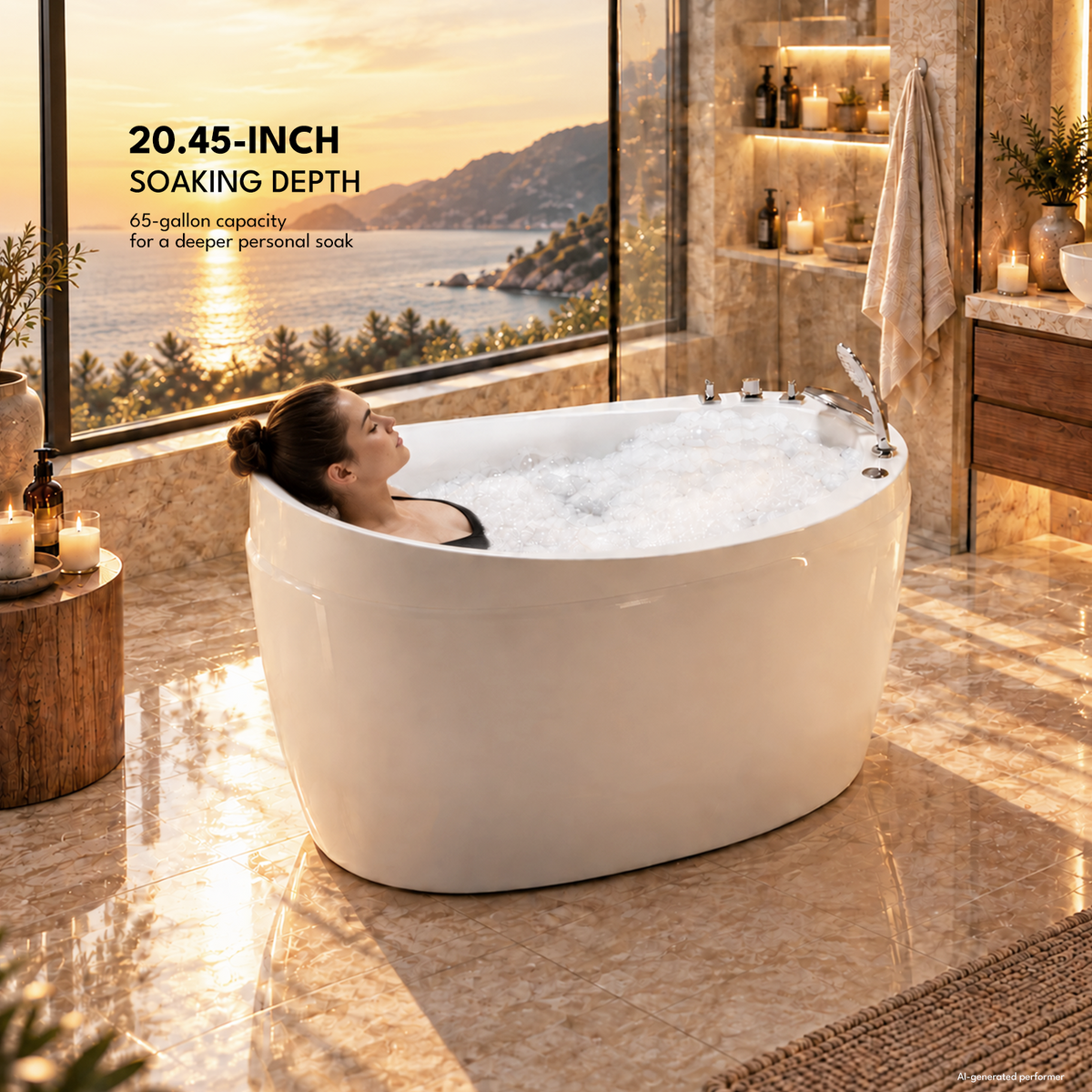 59" Freestanding Japanese-Style Air Massage Bathtub with Reversible Drain