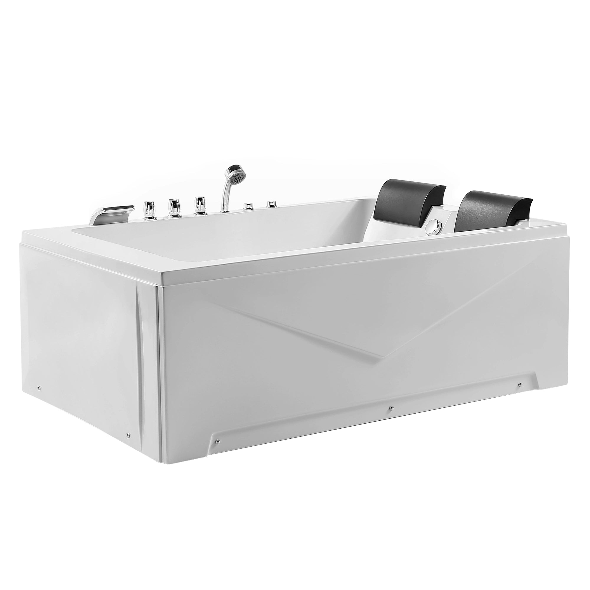 The 71" Alcove Whirlpool 2-Person Bathtub with Right Drain is a modern, rectangular white tub equipped with two black headrests and multiple metal fixtures. It features a contemporary geometric design on the sides, chrome-colored faucets, and a detachable showerhead mounted on the rim.