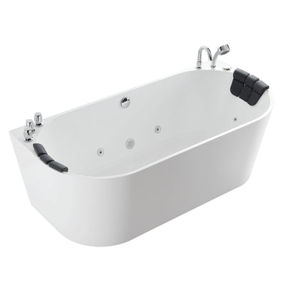 The 71" Freestanding Hydro Massage Whirlpool Bathtub with Center Drain is a modern white soaking bathtub featuring a sleek double-ended design with chrome fixtures, including a faucet, handheld showerhead, and control knobs. Constructed from acrylic for durability and insulation to retain warmth, this tub offers built-in headrests on both ends and jets for an immersive hydrotherapy massage experience.