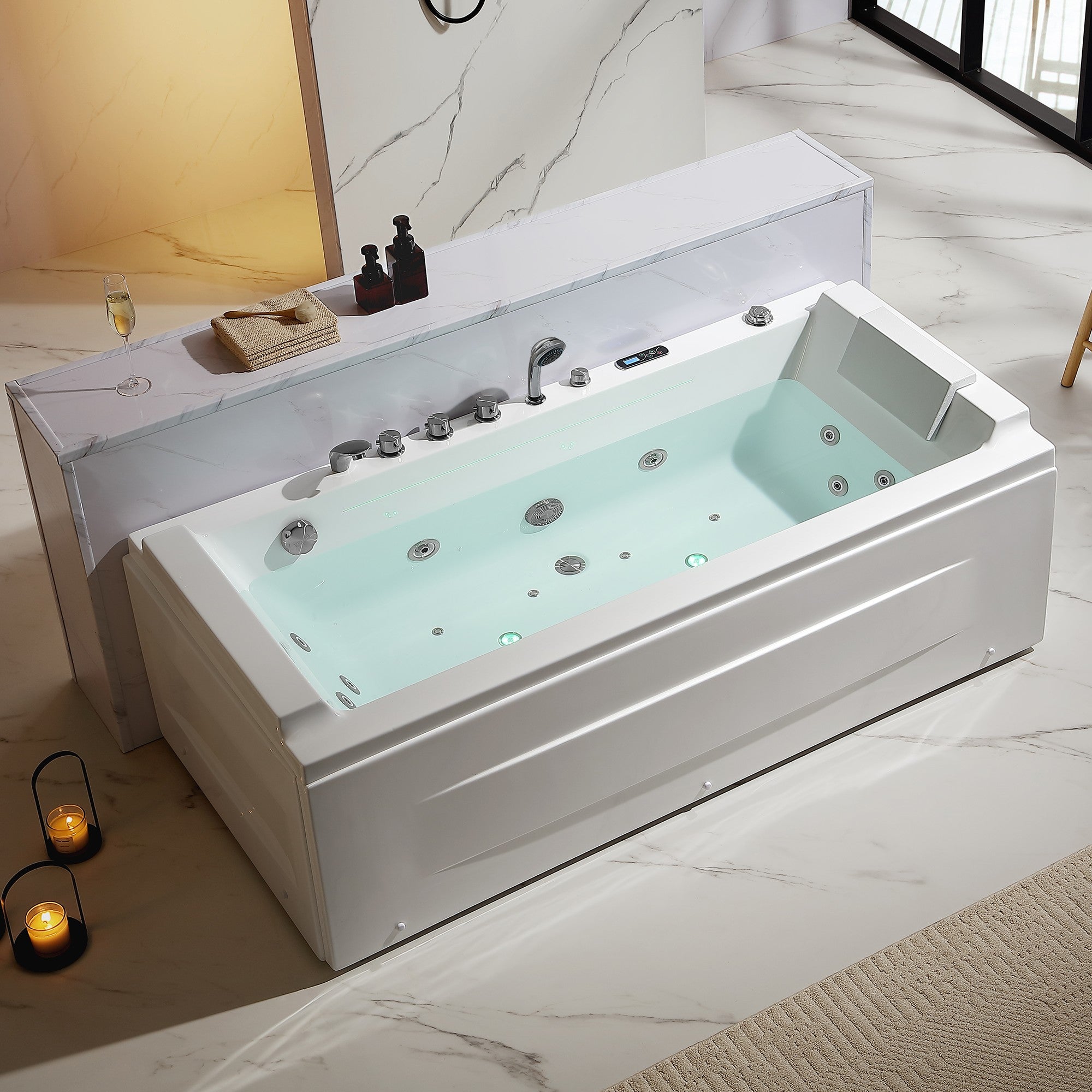 Empava 71 inch Alcove Whirlpool Air Combination Jetted Bathtub with Inline Heater & Waterfall