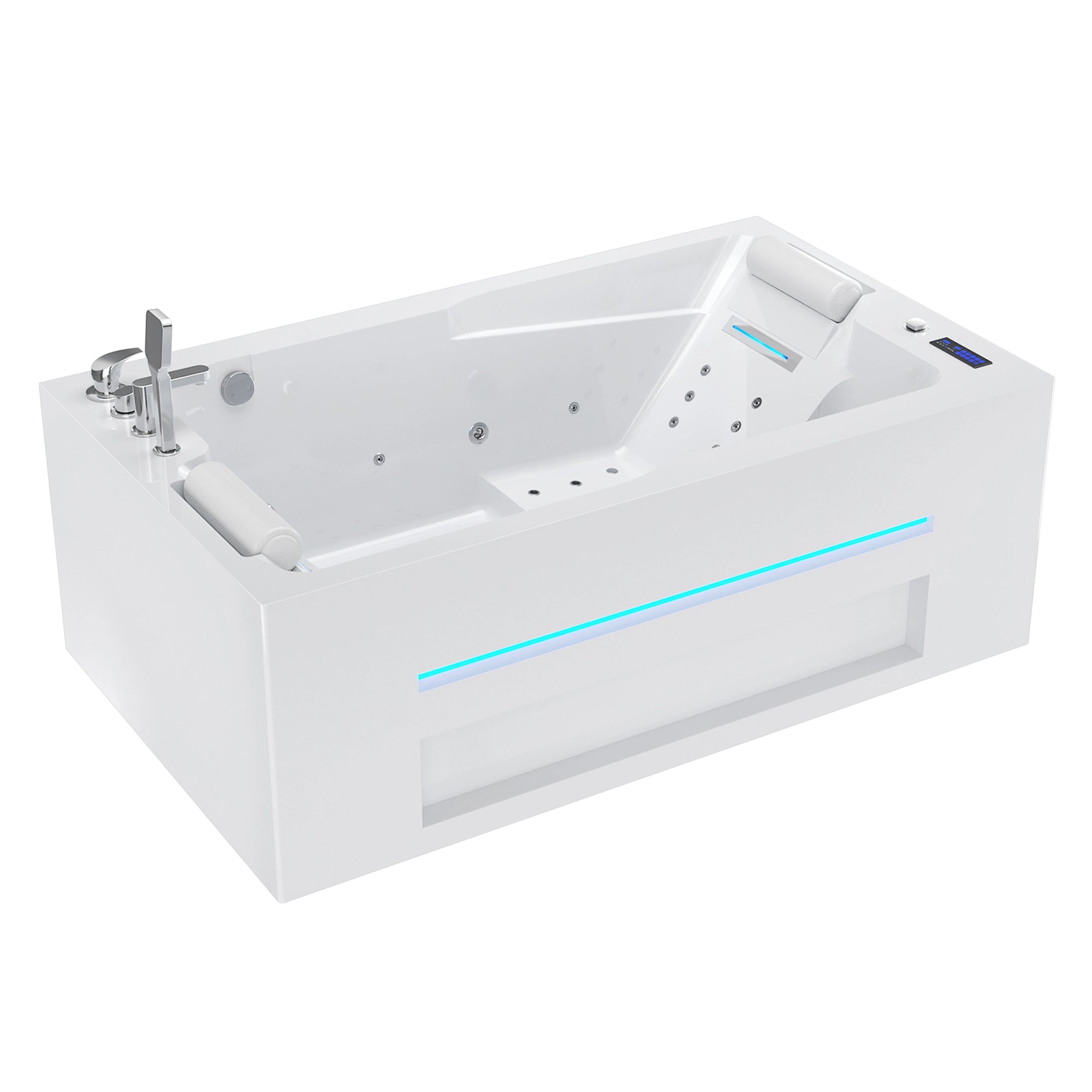 The 71 in. Alcove Massage Inline Heater 2-Person LED Tub With Left Drain is a modern white bathtub with a sleek design, built-in headrests, and an inline heater for optimal comfort. It features a digital control panel and multiple jets for water massage, along with a subtle blue LED light accent running along the side to enhance its contemporary appeal.