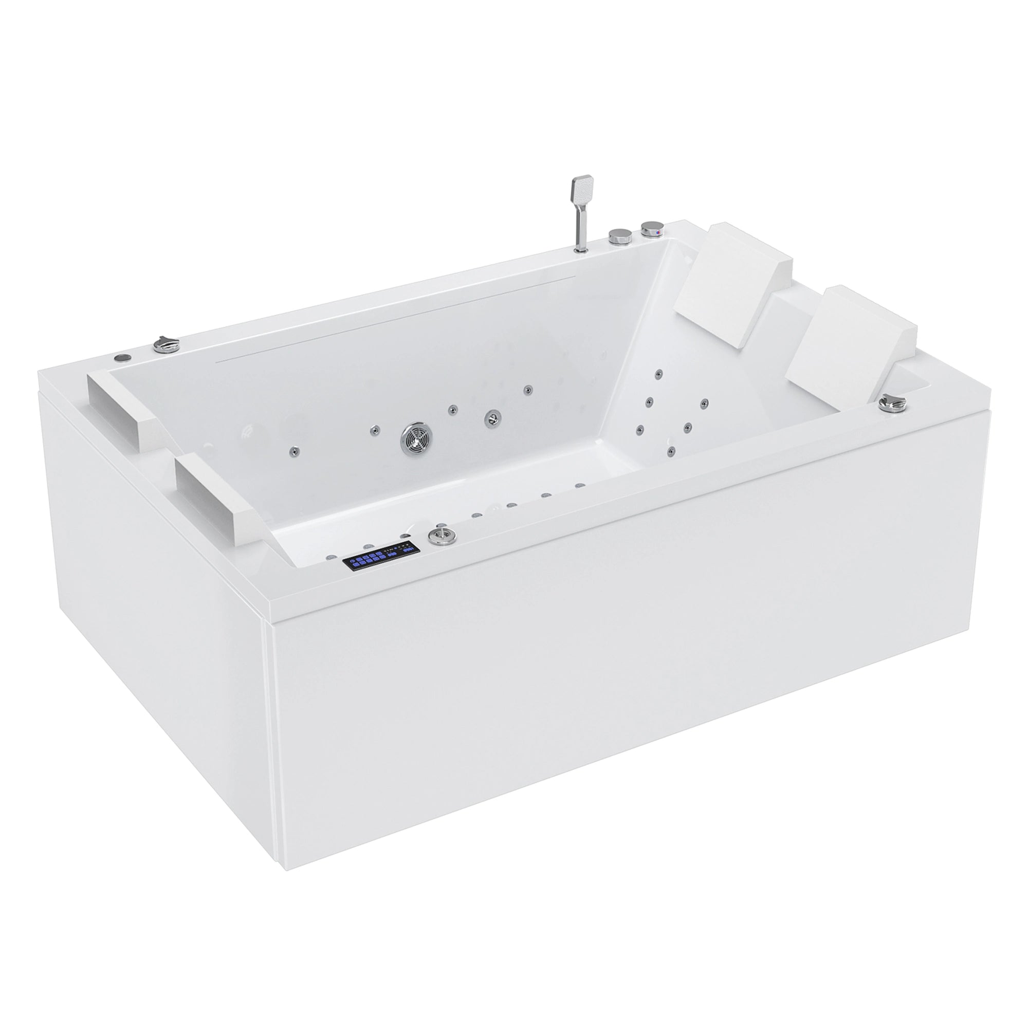 The 71 in. Freestanding Combination Massage 2-Person LED Tub With Center Drain is a white rectangular bathtub featuring built-in headrests, multiple control knobs, and jets, including a neck massage function. This tub also boasts a digital control panel on one of the edges and offers a sleek modern design, making it perfect for a contemporary bathroom setting.