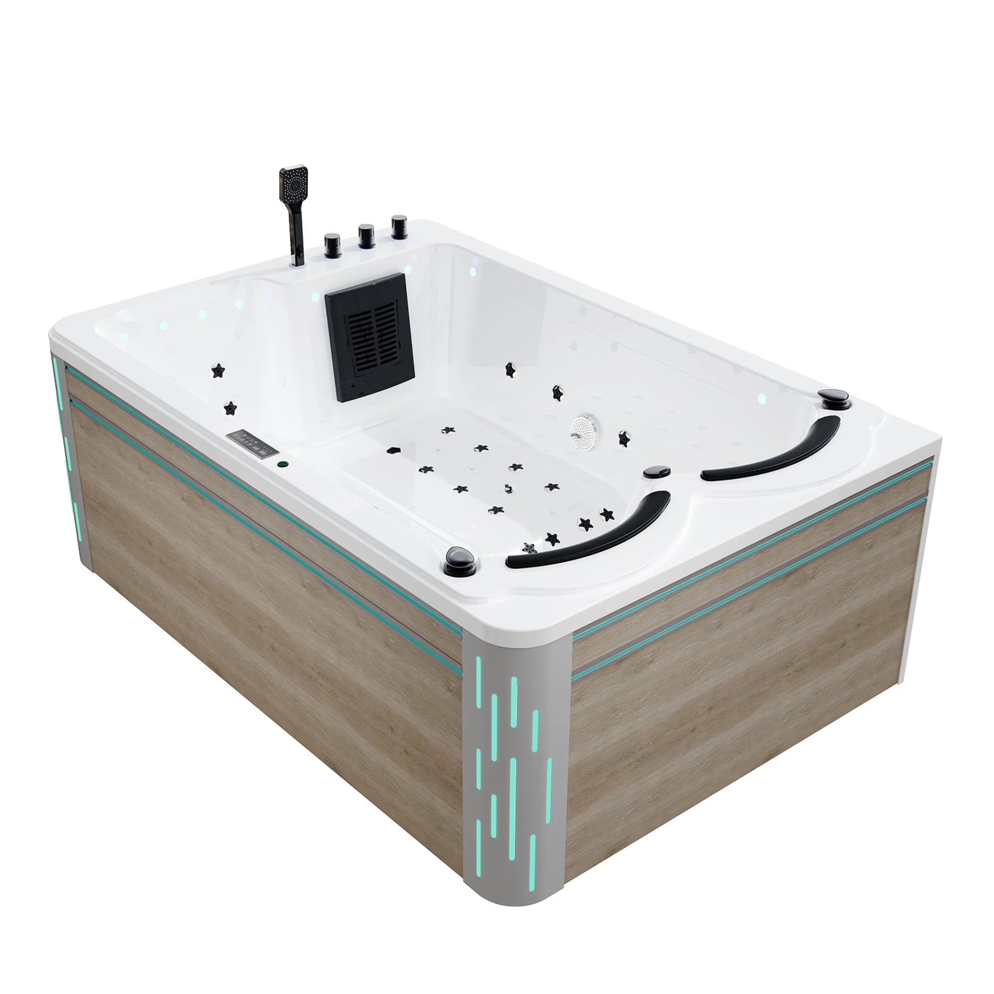 The 75 in. Freestanding Luxury Thermostatic 2-Person Rectangle LED Tub With Right Drain boasts a sleek modern design with wooden paneling on the sides, black seating, and multiple water jets. This luxurious bathtub features integrated LED lights, a control panel at one end, and includes a handheld showerhead to ensure a safe and enjoyable bathing experience with its non-toxic materials.