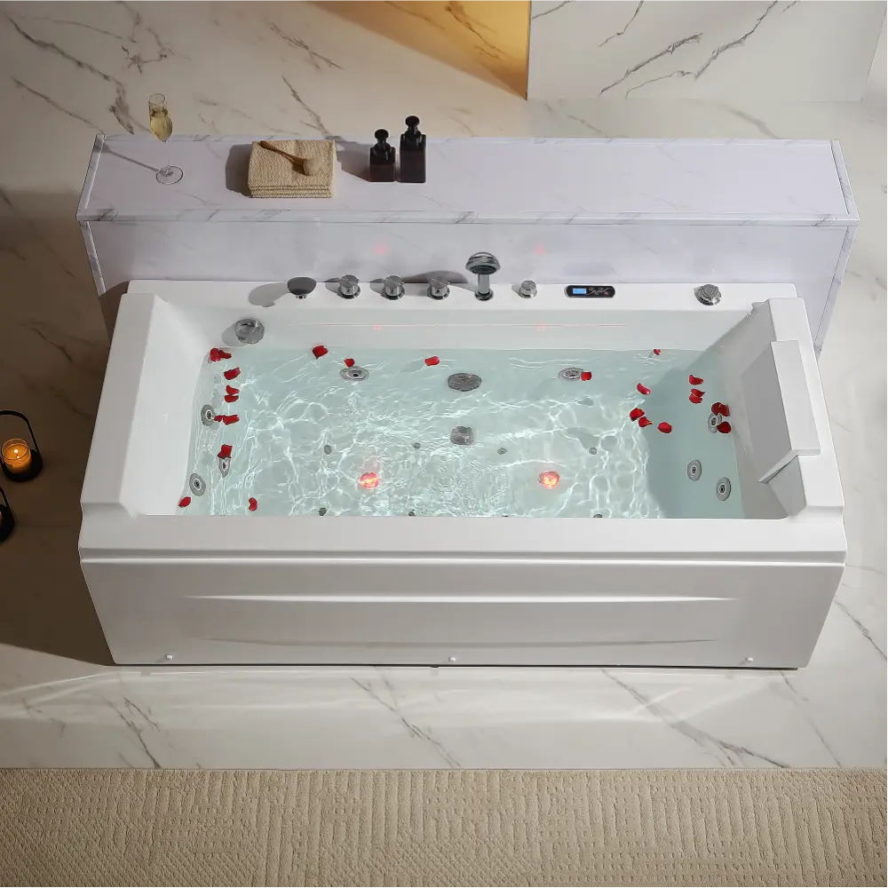 71" Alcove LED Whirlpool Bathtub with Brushed Nickel Fixtures and Center Drain
